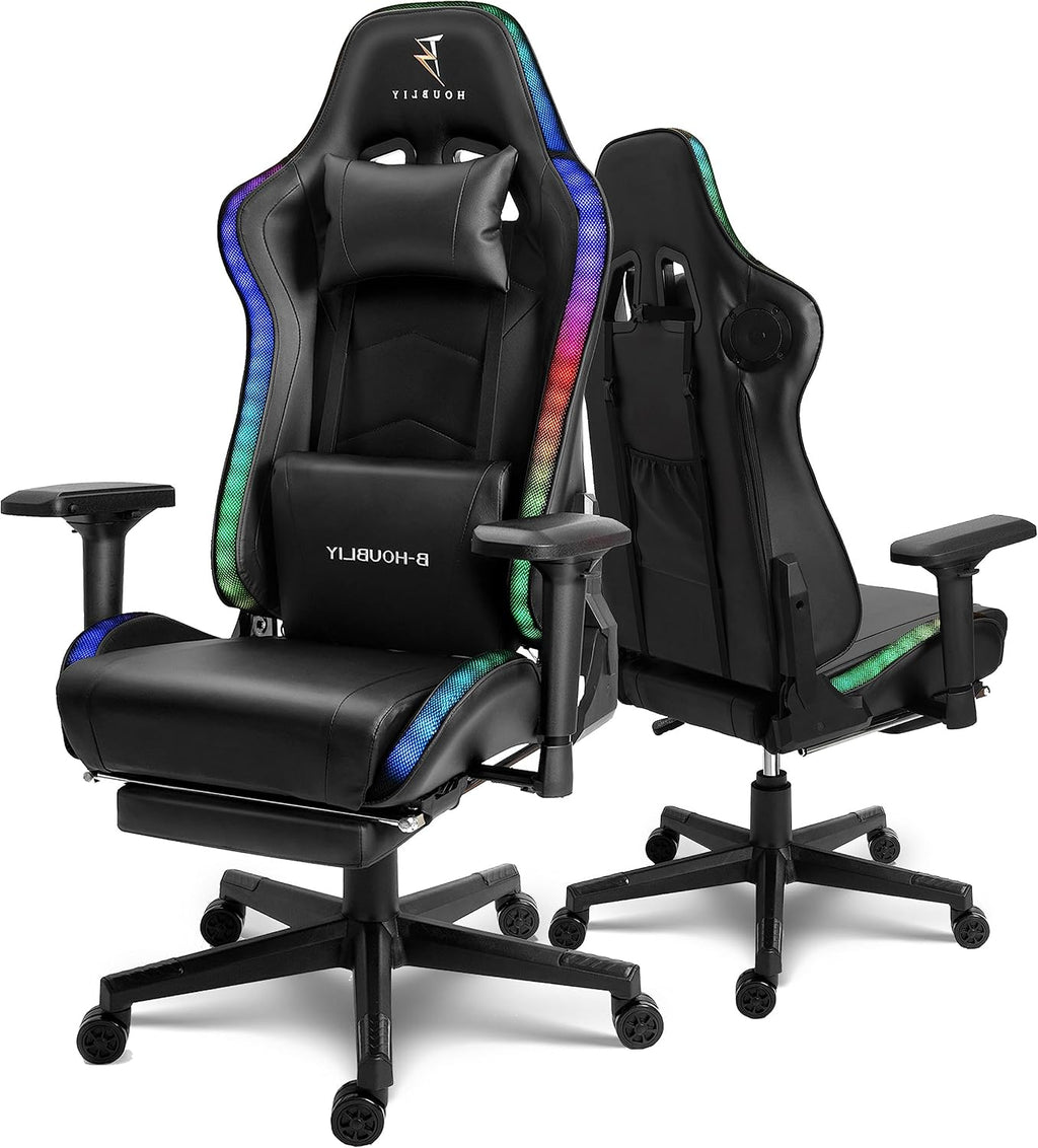 LED Gaming Chair,Massage Gaming Chair with Speakers,Ergonomic Video Game Chairs,PU Leather Swivel Chair with Lumbar Support, Adults Teens Computer Chair.,Black