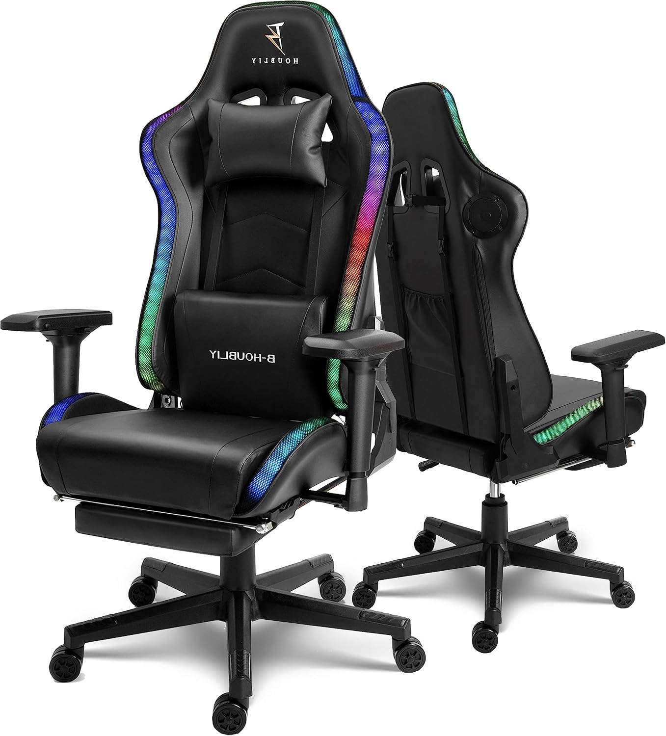 LED Gaming Chair,Massage Gaming Chair with Speakers,Ergonomic Video Game Chairs,PU Leather Swivel Chair with Lumbar Support, Adults Teens Computer Chair.,Black
