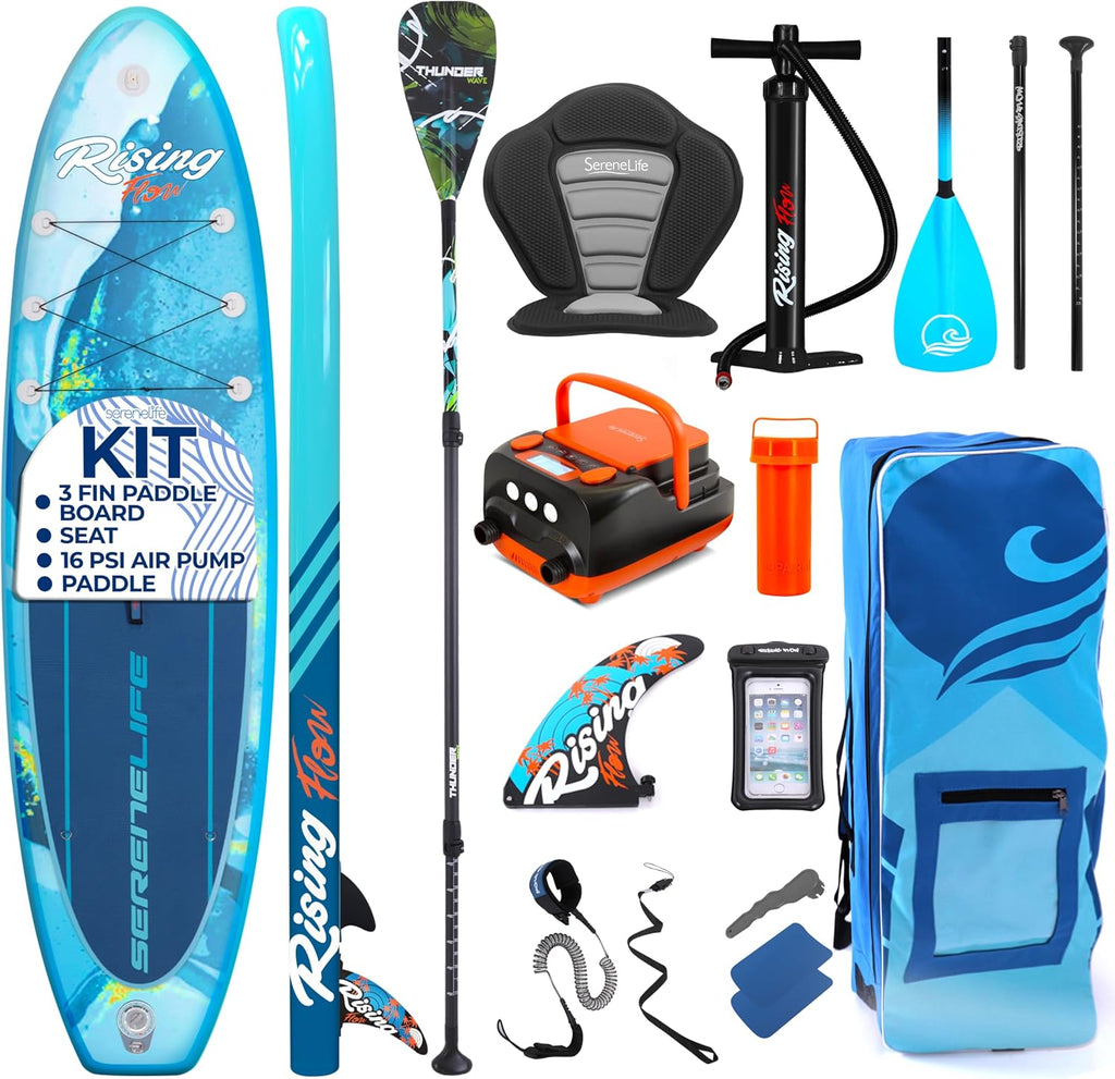 SereneLife Inflatable Stand Up Paddle Board Set - SUP with 32' Wide Stable Design, Includes Detachable Seat, 3-Shaft Paddle, Electric Paddle Board Pump, Non-Slip EVA Deck - 350 lbs Capacity