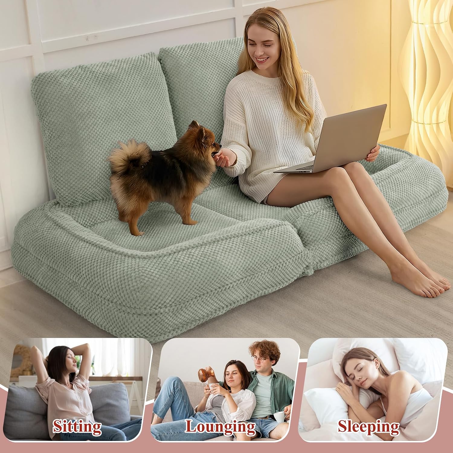 Human Dog Bed, Lazy Sofa Couch, Plush Floor Gaming Chair,5 Adjustable Position, sit, Sleep, fold, Suit to Put in Bedroom, Living Room,Space Saving Design (Green)
