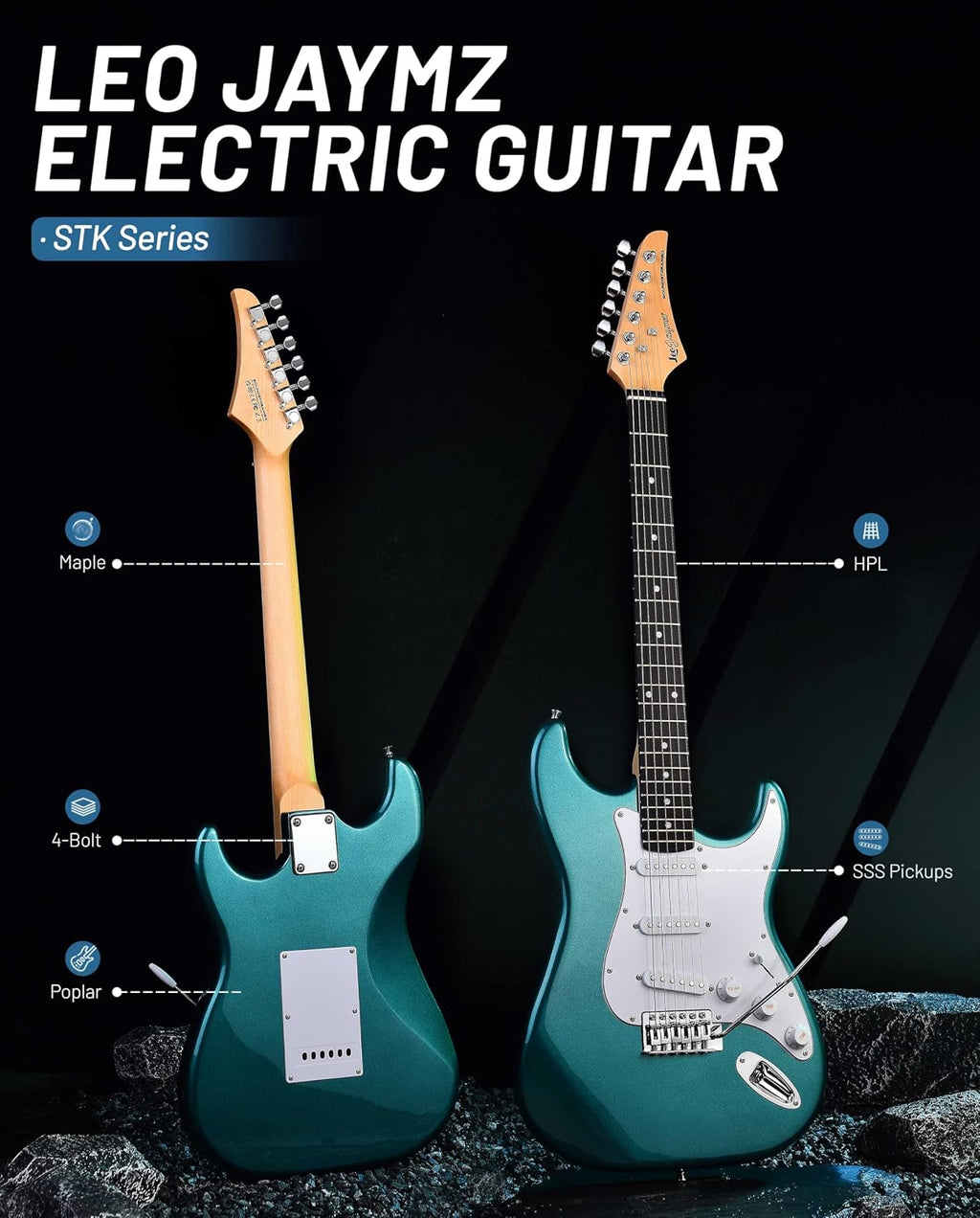 Leo Jaymz Beginner Electric Guitar Complete Kit with Portable Amp, Padded Gig Bag & Full Accessories, Maple Neck SSS Pickups(Teal)