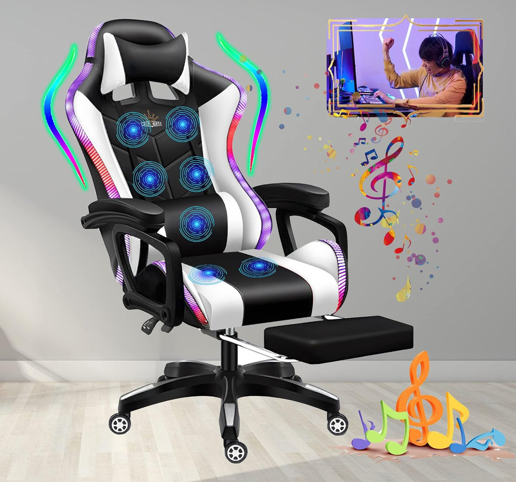 7-Point Massage Gaming Chair with RGB Lighting and Speakers,Ergonomic Gaming Chair with footrest and Headrest and Lumbar Pillow Video Game Chairs,Adults High Back Gaming Chair,White