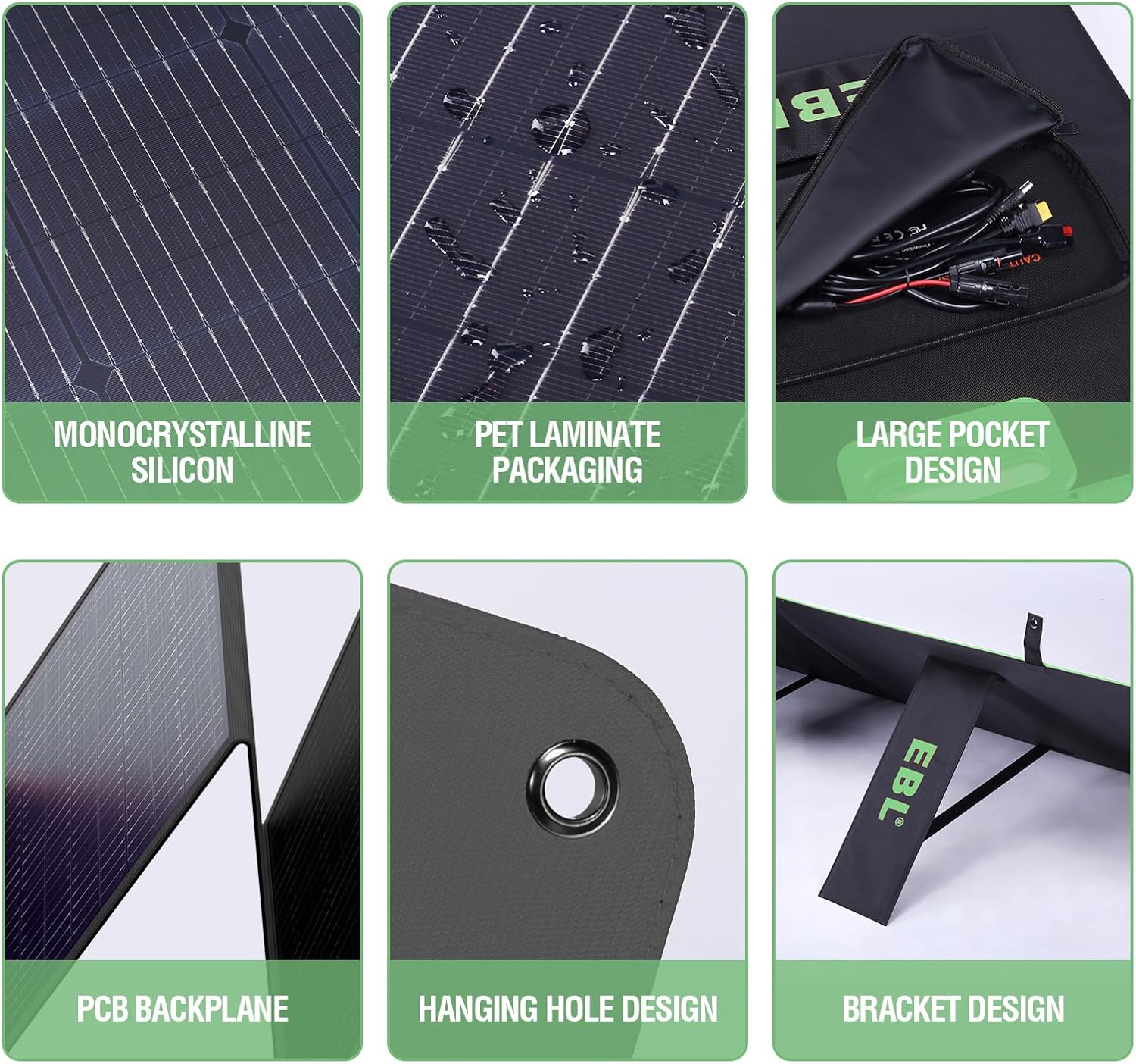 EBL 200W Portable Solar Panel High Efficiency Solar Power Panel for Home, RV, Camping, Marine, Off-Grid Applications, Weatherproof Solar Charging Solution