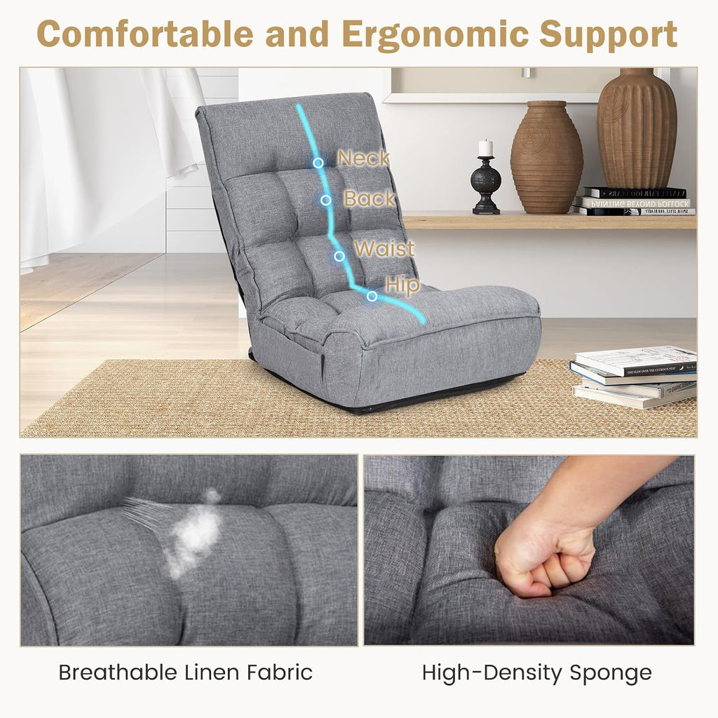 KOMFOTT Folding Floor Chair for Adults, Floor Gaming Chair with 5-Position Adjustable Headrest & 4-Position Adjustable Backrest, Side Pocket, Floor Seating Lazy Sofa for Reading, Meditating, Grey