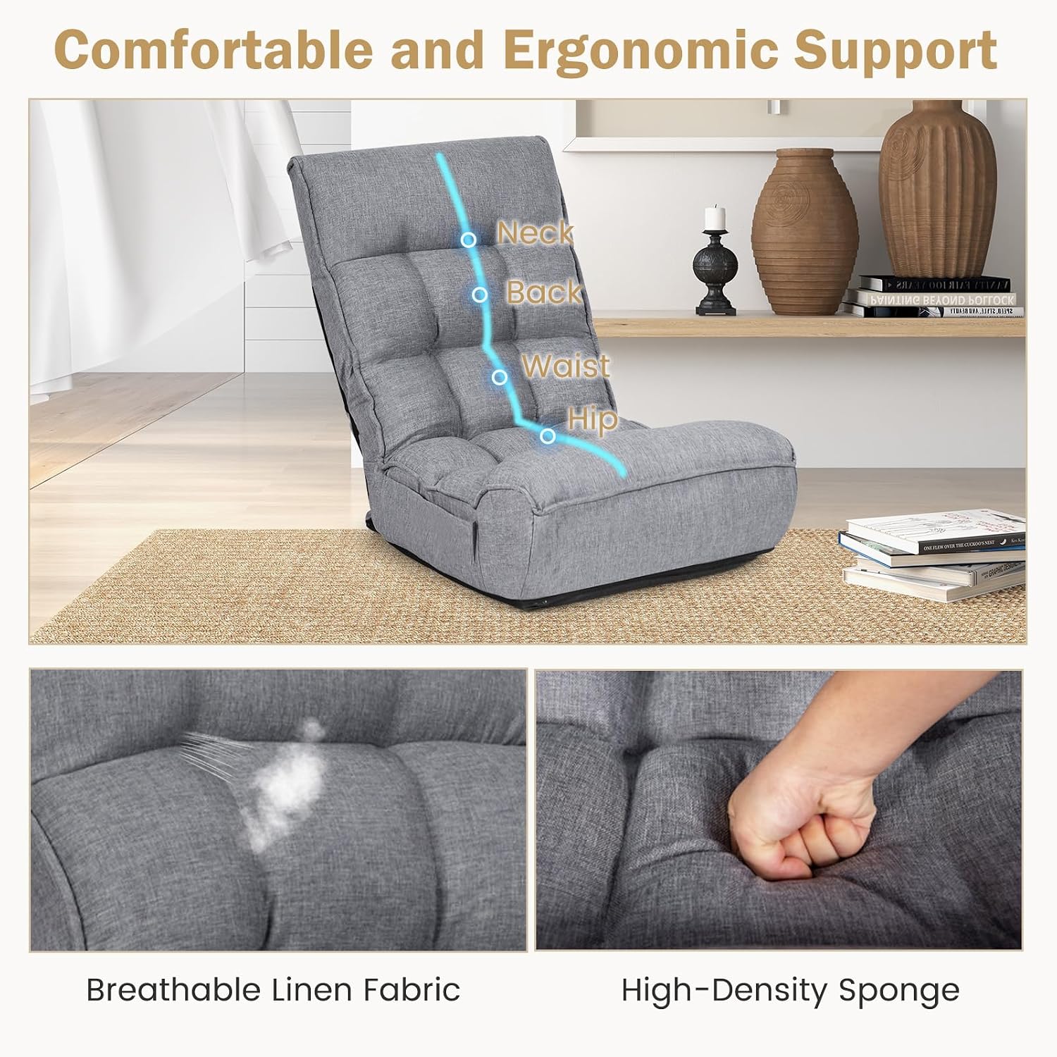 KOMFOTT Folding Floor Chair for Adults, Floor Gaming Chair with 5-Position Adjustable Headrest & 4-Position Adjustable Backrest, Side Pocket, Floor Seating Lazy Sofa for Reading, Meditating, Grey