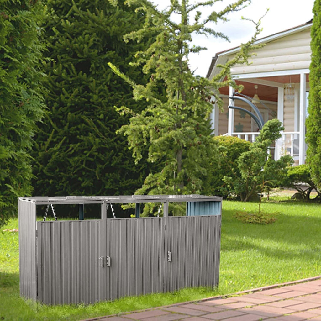 Outdoor Garbage Bin Storage Shed, Steel Trash Can Storage with Lockable Doors & Lids for 3 Trash Cans, Metal Garbage Can Hider for Outside Garden Yard Backyard Patio (3 Trash Can+Grey)