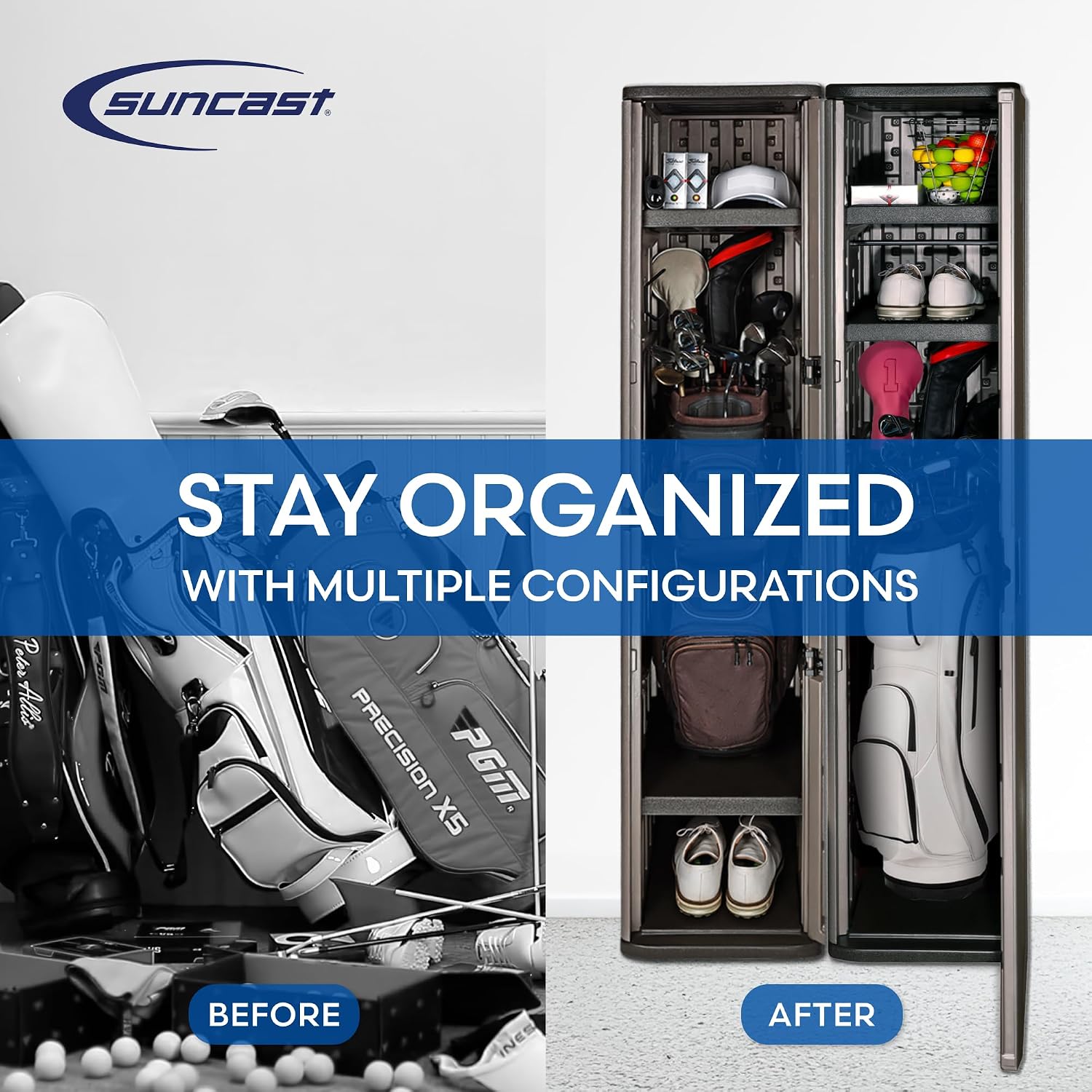 Suncast Garage and Golf Storage Organizer – Golf Rack and Bag Storage, Hall Tree with Shoe Cubby, Heavy-Duty Resin Locker Cabinet with Adjustable Shelves, Lockable, for Golf Equipment, Made in the USA