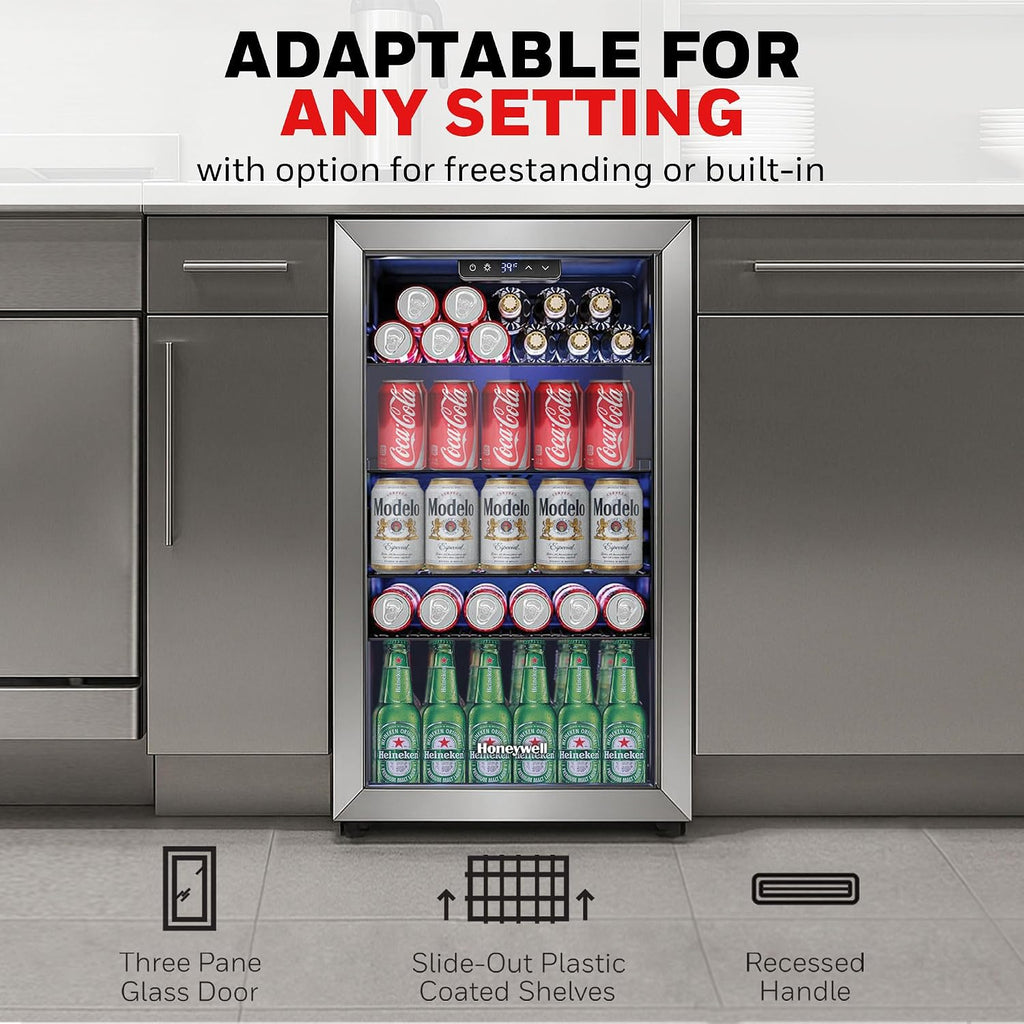 Honeywell Beverage Refrigerator and Cooler, 116 Can Mini Fridge with Glass Door for Soda Beer or Wine for Office or Bar with Adjustable Removable Shelving, Commercial Grade