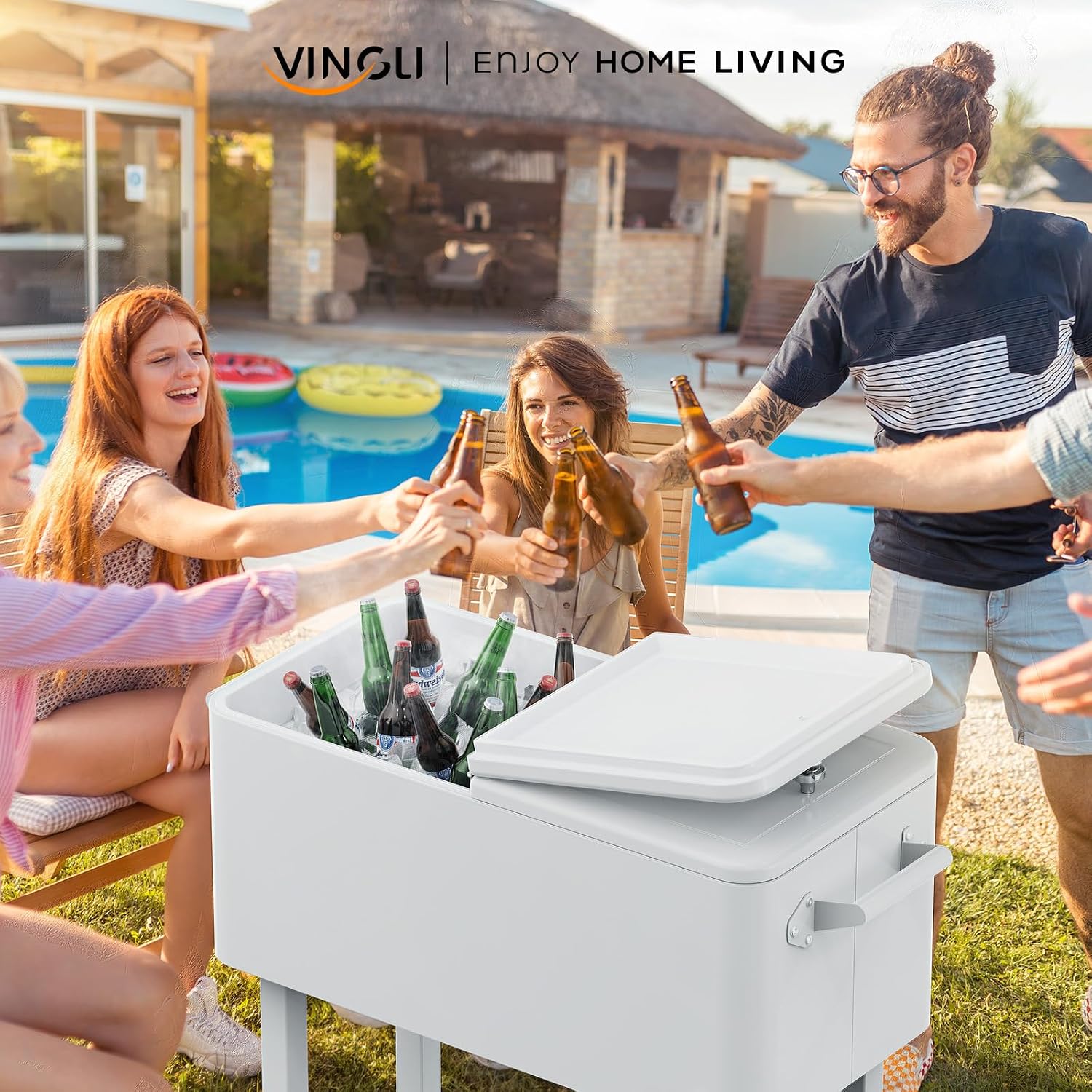 VINGLI Rolling Ice Chest, Portable Patio Party Bar Drink Cooler Cart, with Shelf, Beverage Pool with Bottle Opener