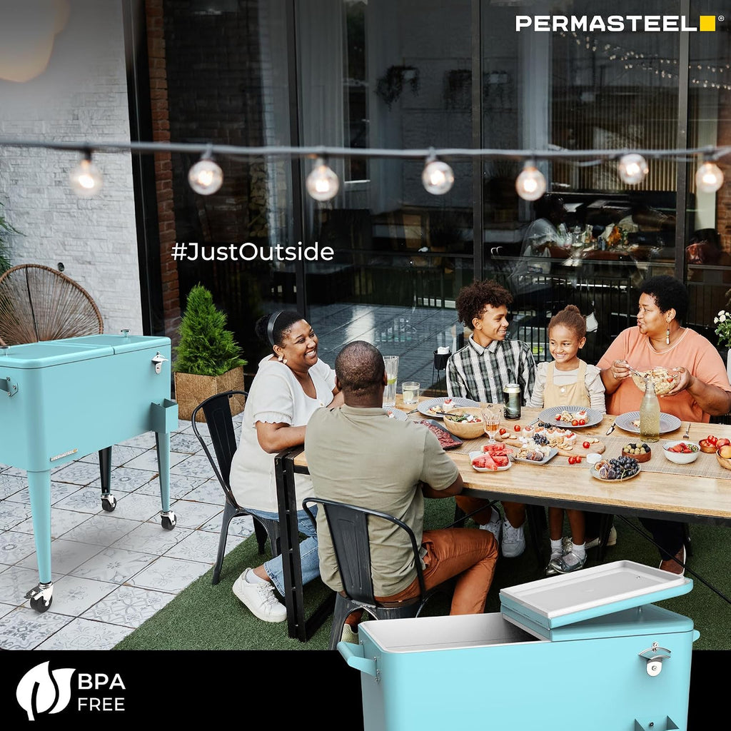 Permasteel 80-Qt Large Outdoor Patio Cooler with Wheels & Handles, Portable Rolling Hard Cooler for Outside, Retro Ice Cooler Cart, Beverage Can Coolers for Backyard Parties