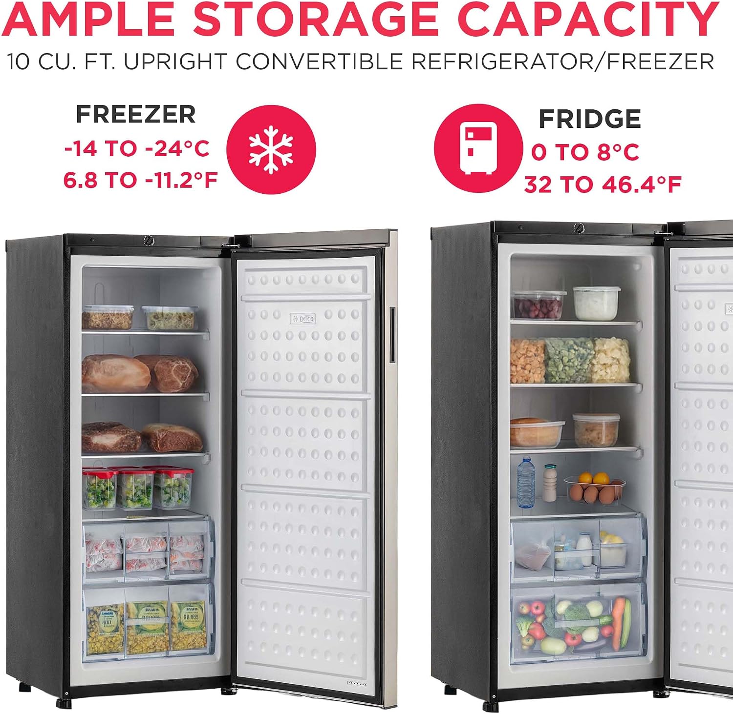 Frigidaire 10 Cu. Ft. Upright Convertible Fridge/Freezer, Reversible Door, Removable Glass Shelves, Adjustable Controls, Platinum Finish