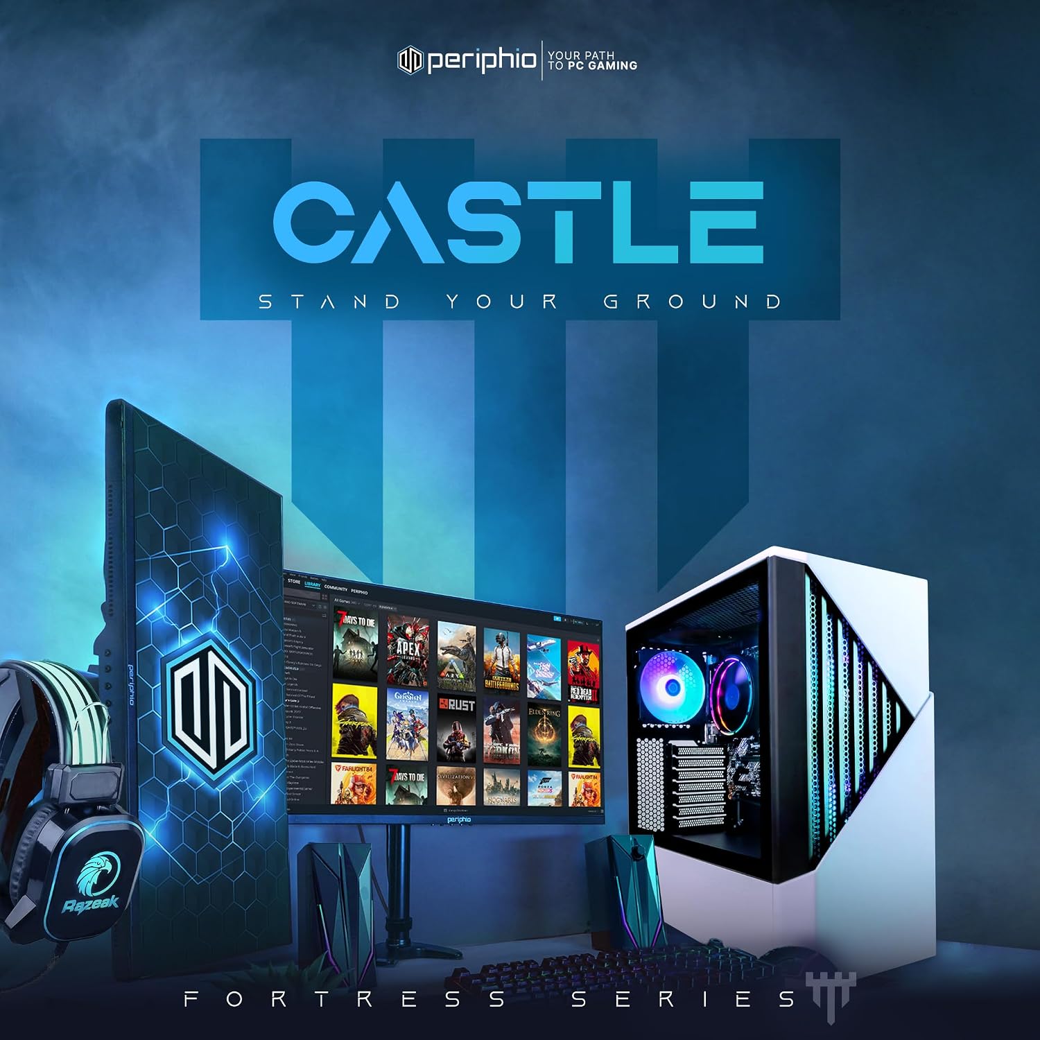 Periphio Castle Gaming PC, AMD Ryzen 5 5600GT up to 4.6GHz with Radeon Vega 7 Graphics, 16GB RAM, 1TBNVMe SSD, WiFi, Windows 11 Home, White, 1080p Gaming Computer - Full RGB Gamer Bundle, 24' Monitor