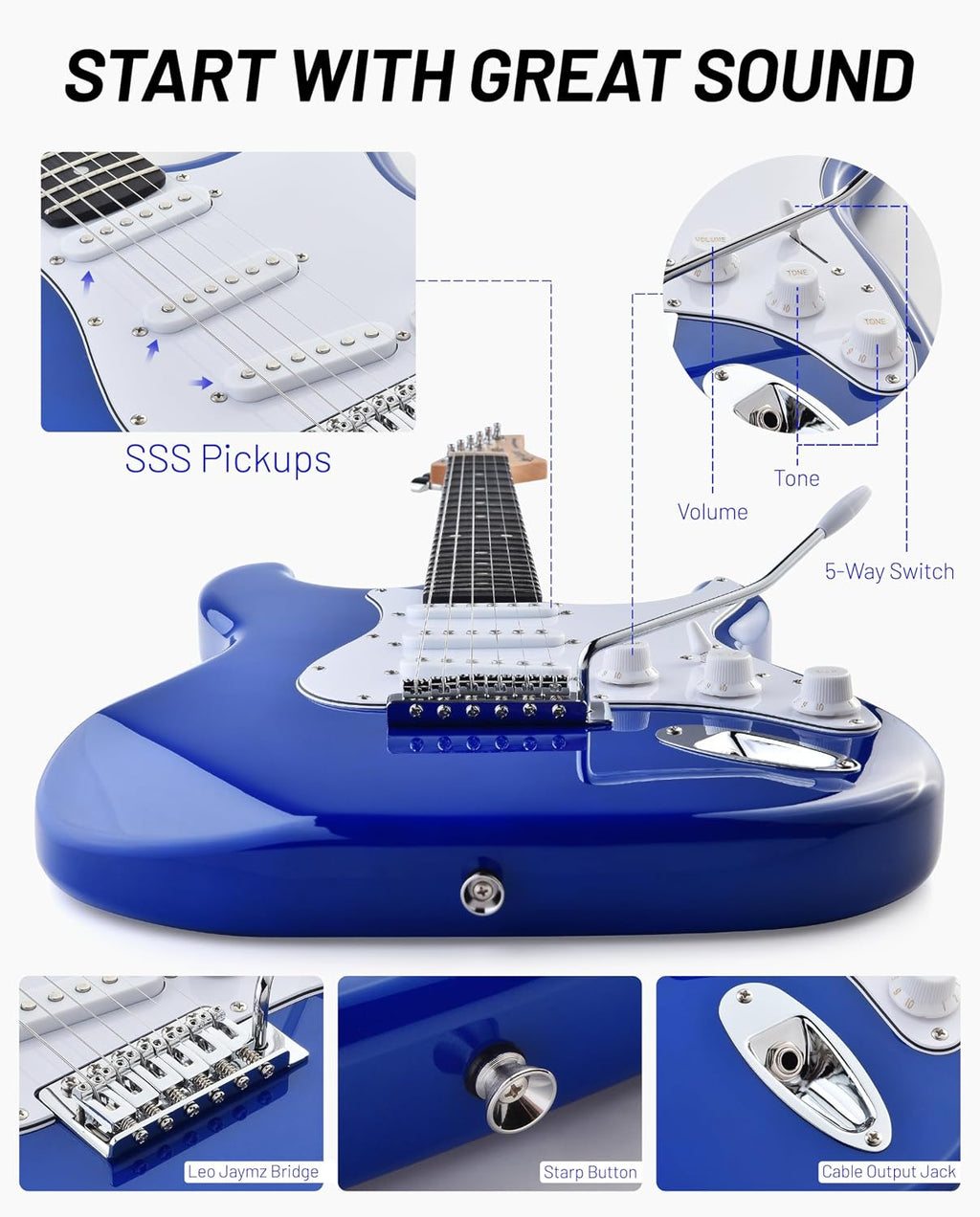 Leo Jaymz Beginner Electric Guitar Complete Kit with Portable Amp, Padded Gig Bag & Full Accessories, Maple Neck SSS Pickups(Royal Blue)