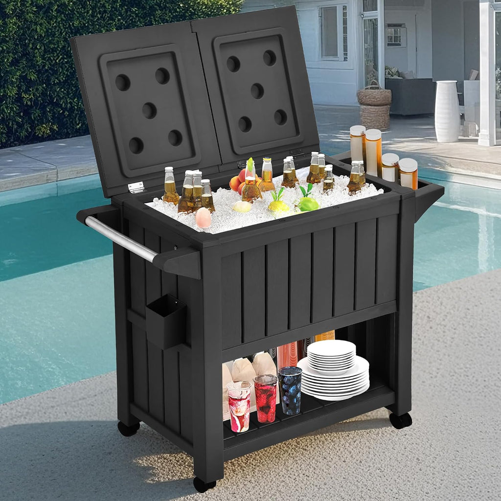 DWVO Cooler with Wheels, Rolling Ice Chest with Bottle Opener Drainage, 85 Quart Portable Patio Cooler on Wheels, Outdoor Beverage, Ice Chest Cart for Pool Deck Party BBQ Cookouts (Black)