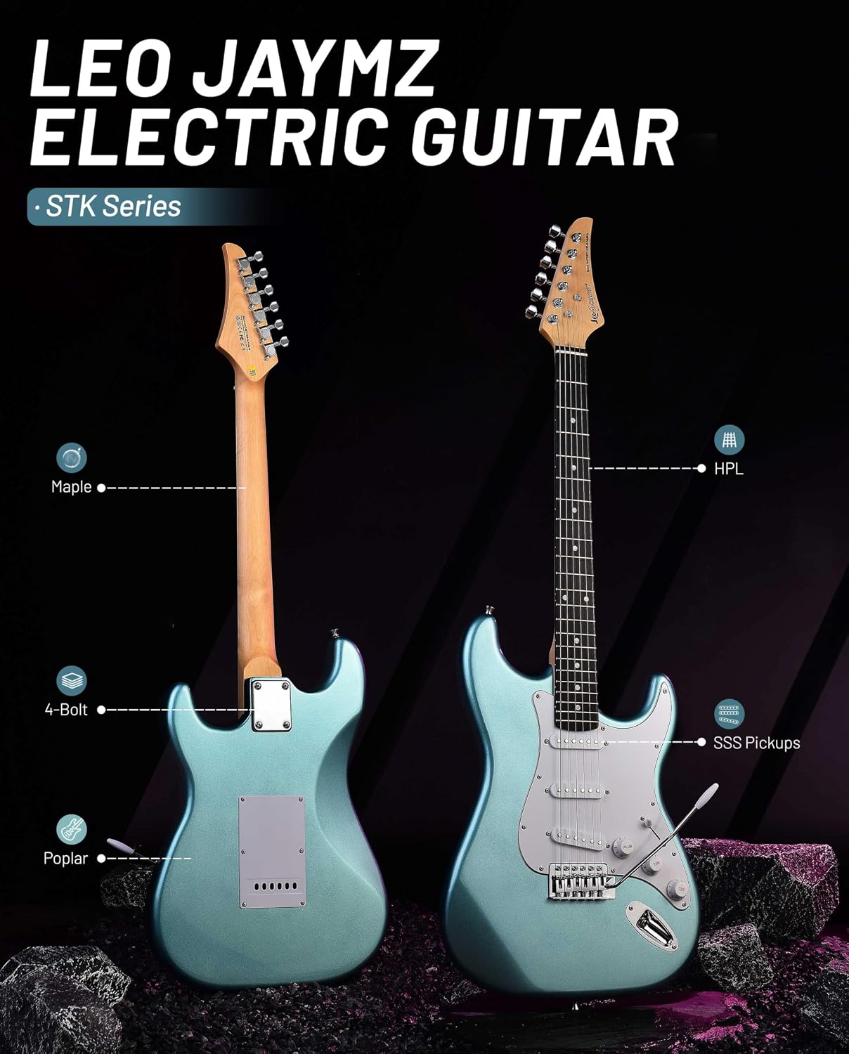 Leo Jaymz Beginner Electric Guitar Complete Kit with Portable Amp, Padded Gig Bag & Full Accessories, Maple Neck SSS Pickups (Cyan)