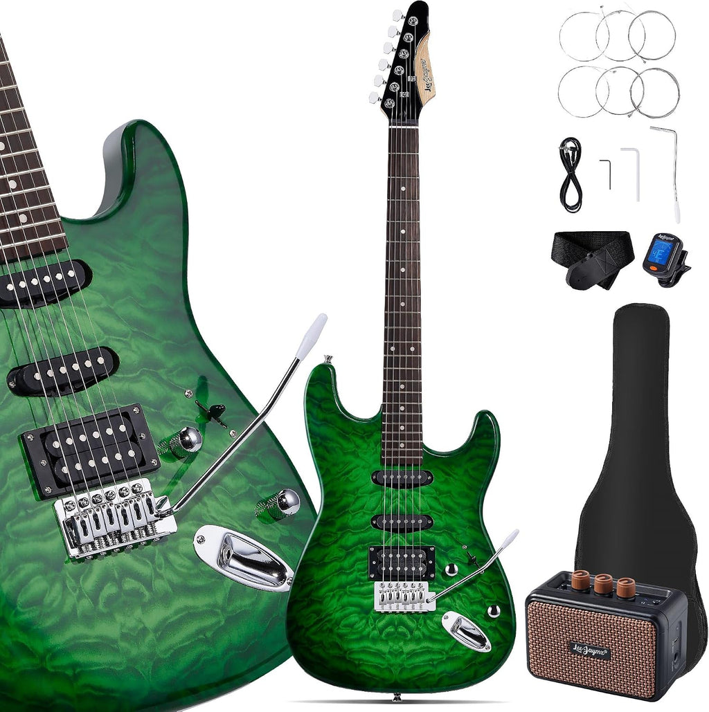 Leo Jaymz 39' Full Size ST Style Electric Guitar Starter Kit with SSH Pickup, 5W Portable Amp, Tuner, Gig Bag, Strap & Accessories (Green Ocean 5W)