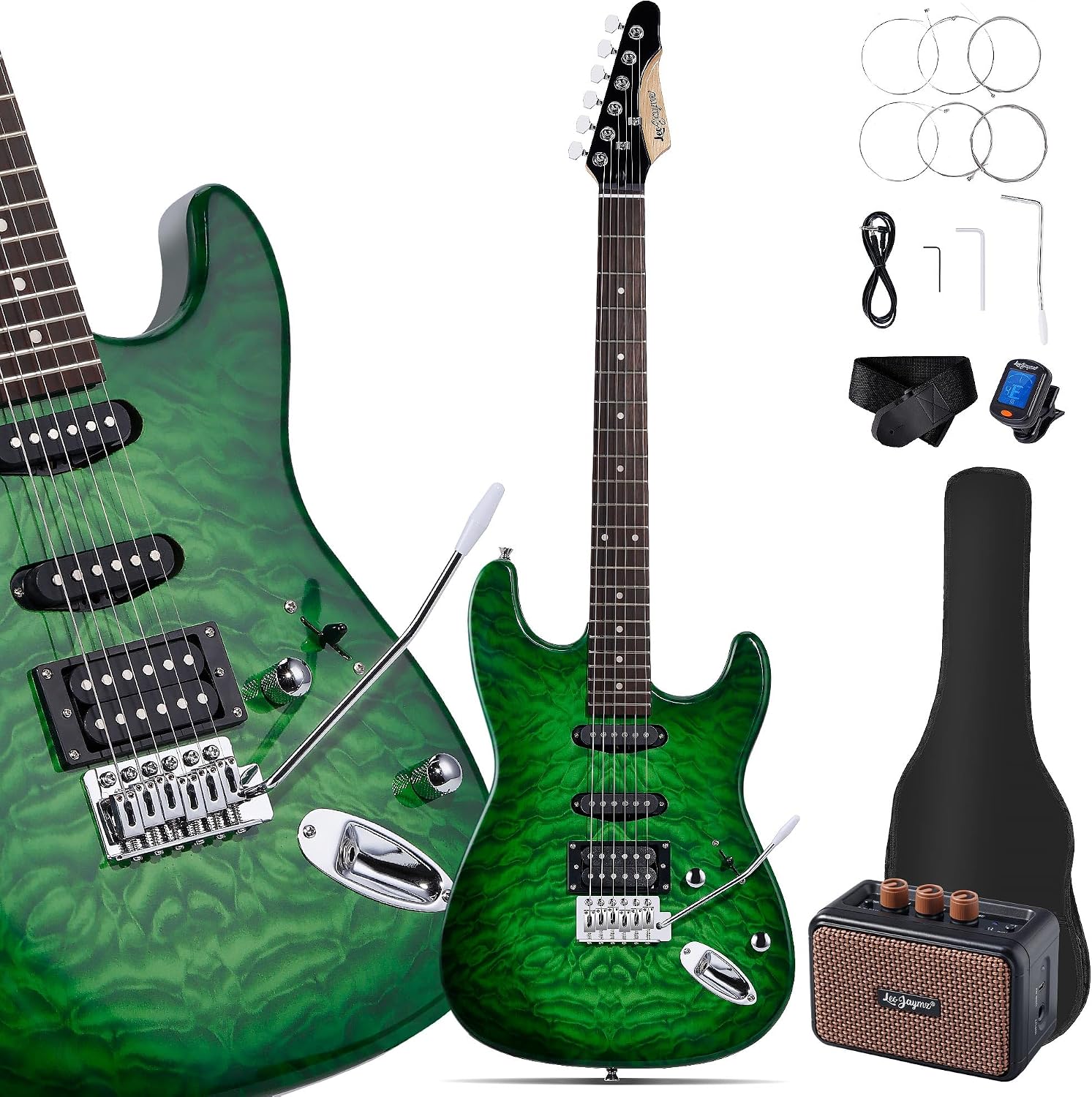 Leo Jaymz 39' Full Size ST Style Electric Guitar Starter Kit with SSH Pickup, 5W Portable Amp, Tuner, Gig Bag, Strap & Accessories (Green Ocean 5W)
