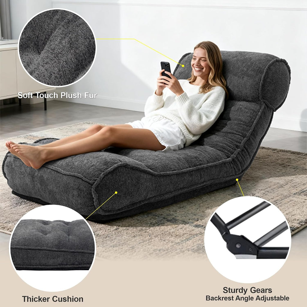 SUNPEAK Lazy Floor Bed 83' – Extra Comfy Sleeper Chaise Lounge Chair Indoor, Adjustable Recliner Floor Lounger, Plush Futon Chair Bed for Yoga, Gaming, Meditation & Reading Nook (Recliner, Black)