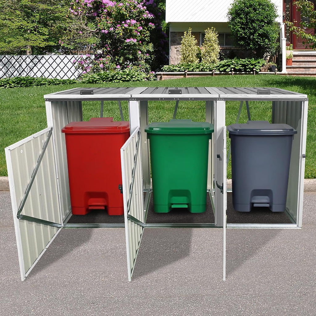 Yozma Metal Garbage Bin Shed – Outdoor Trash Can Storage for 3 Bins, Durable & Weather-Waste Enclosure, Yard Utility Shed for Hide Trash Cans (White & Gray, 87'- 3 Trash Can)