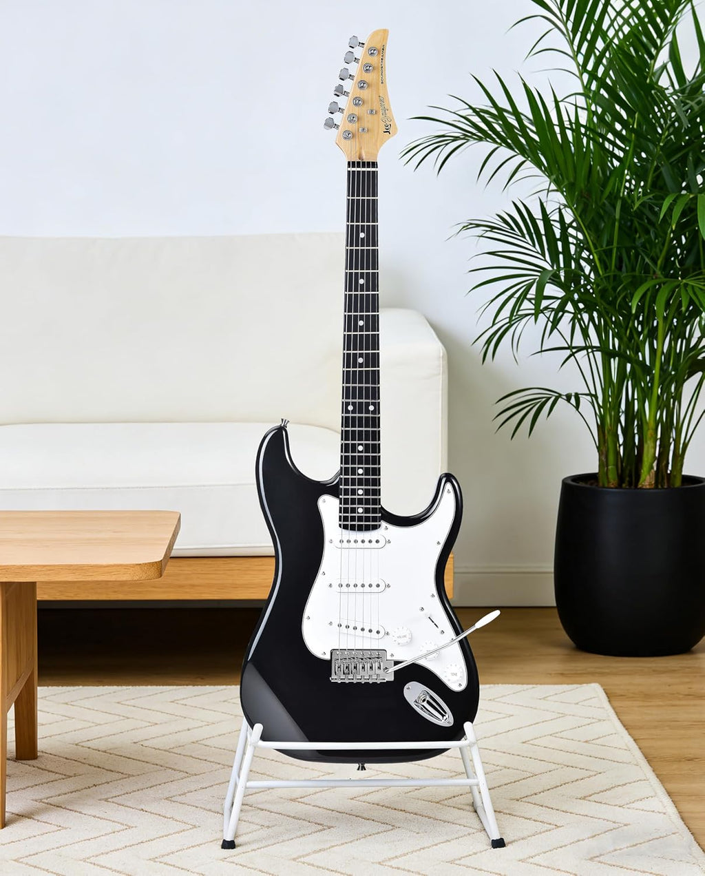 Leo Jaymz Beginner Electric Guitar Complete Kit with Portable Amp, Padded Gig Bag & Full Accessories, Maple Neck SSS Pickups(Black)