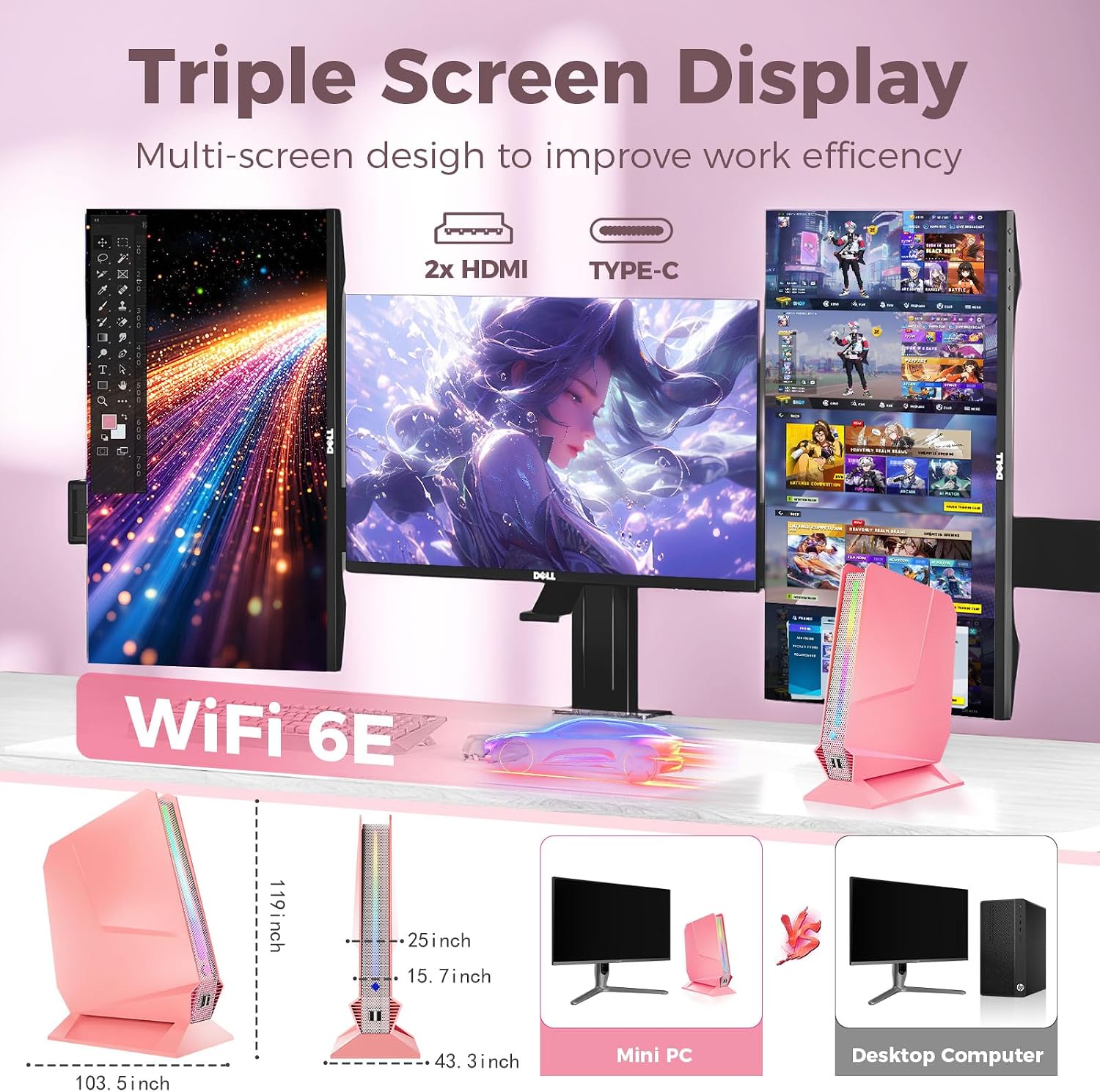 sinbun Mini Gaming PC, in-tel Core i9-9980HK(8C/16T, Max 4.8GHz), GeForce GTX1650 4G RGB Lights Gaming Computer, 16GB RAM 512GB SSD, Triple 4K Display, WiFi 6E BT 5.3, 1G LAN, Windows 11 Pro, Pink