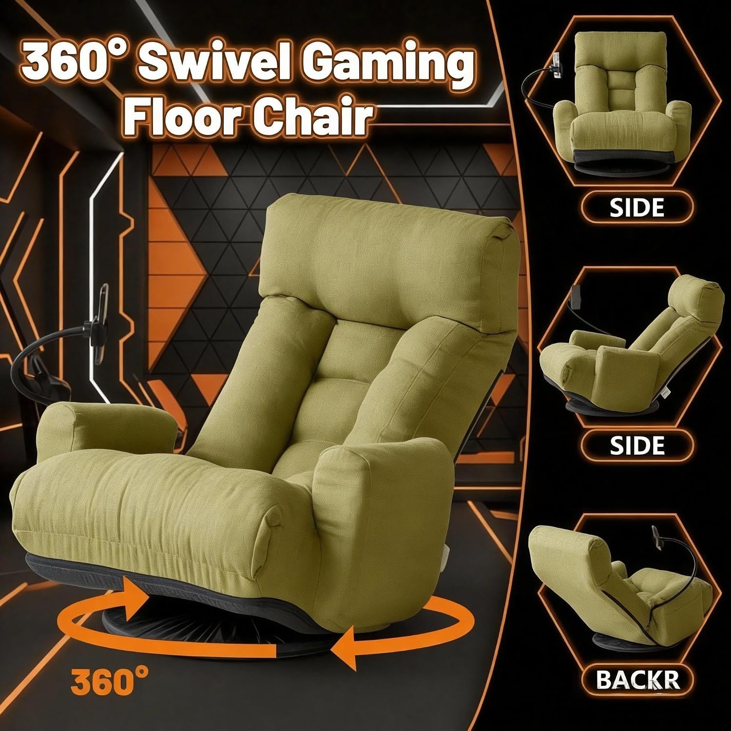 Gaming Chair Floor Sofa, Gaming Lounge Chair with 14-Section Head & 3-Section Waist Adjustment, 360° Swivel & Spring Seat for Gaming, Napping, Reading, Dorm, Small Apartment (Green)