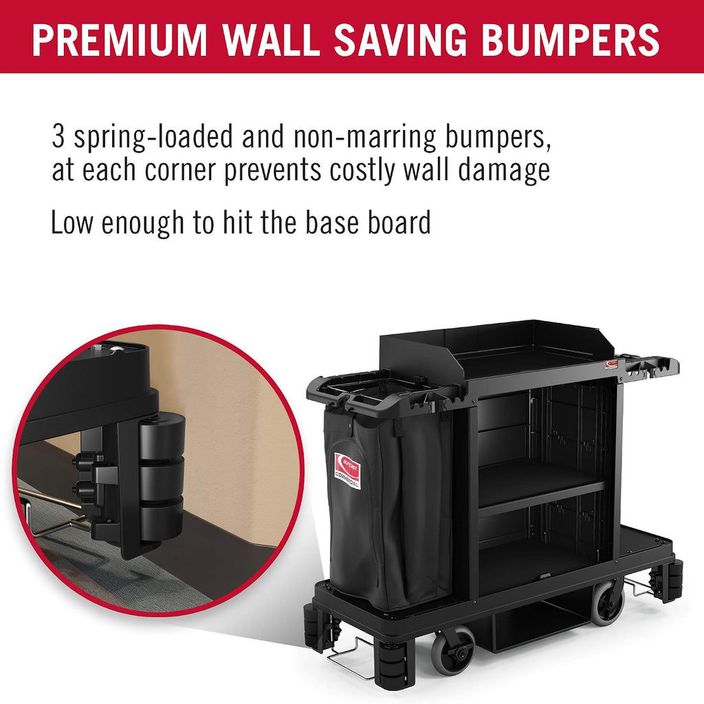 Suncast Commercial Standard Housekeeping Cart with Hanging Bag, Integrated Cleaning Tool Storage, 4-Tier Design, 56' Height x 22' Width, Made in The USA