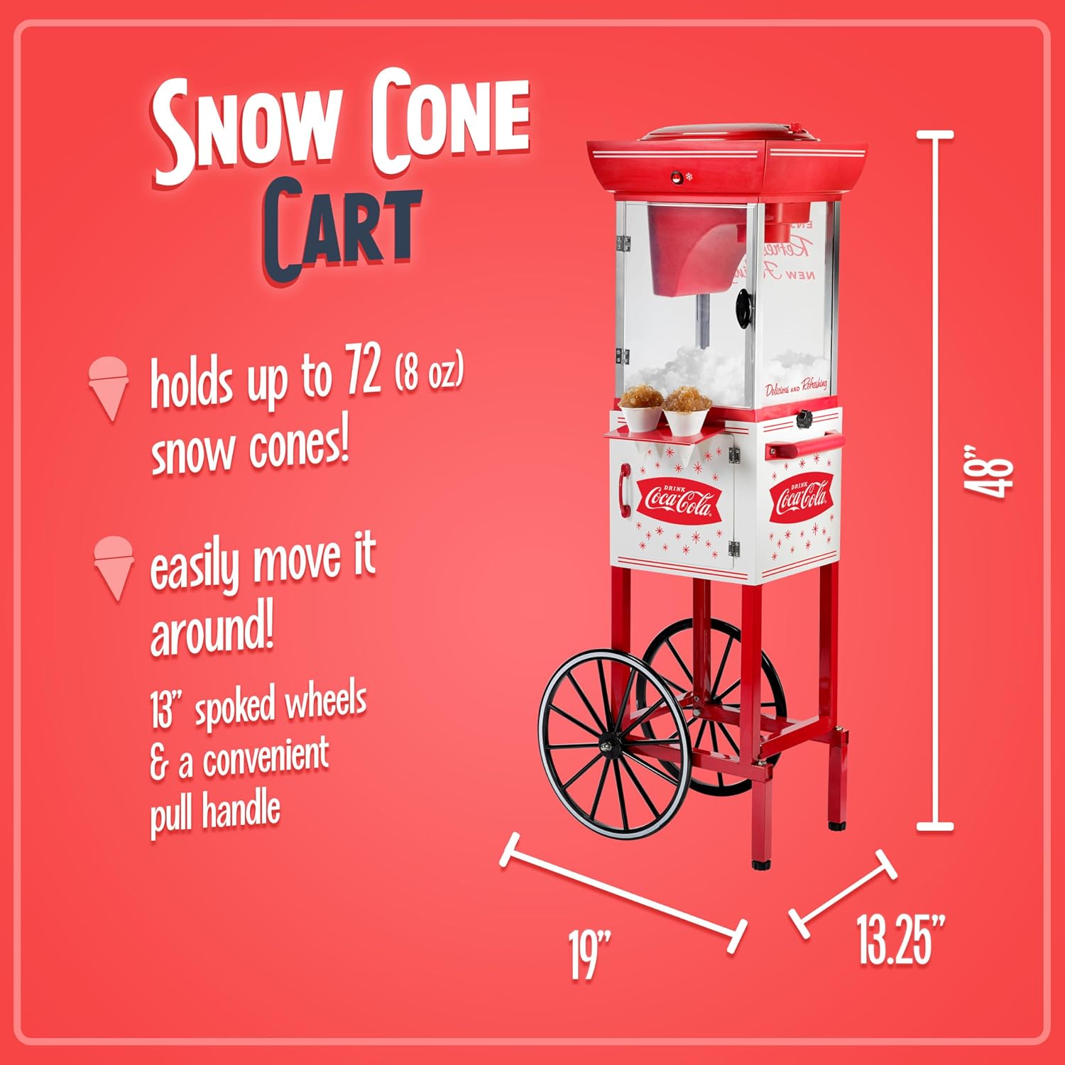 Nostalgia Coca-Cola 48-Inch Tall Snow Cone Cart, Makes 48 Icy Treats, Includes Metal Scoop, Storage Compartment, Wheels For Easy Mobility – Coke Red