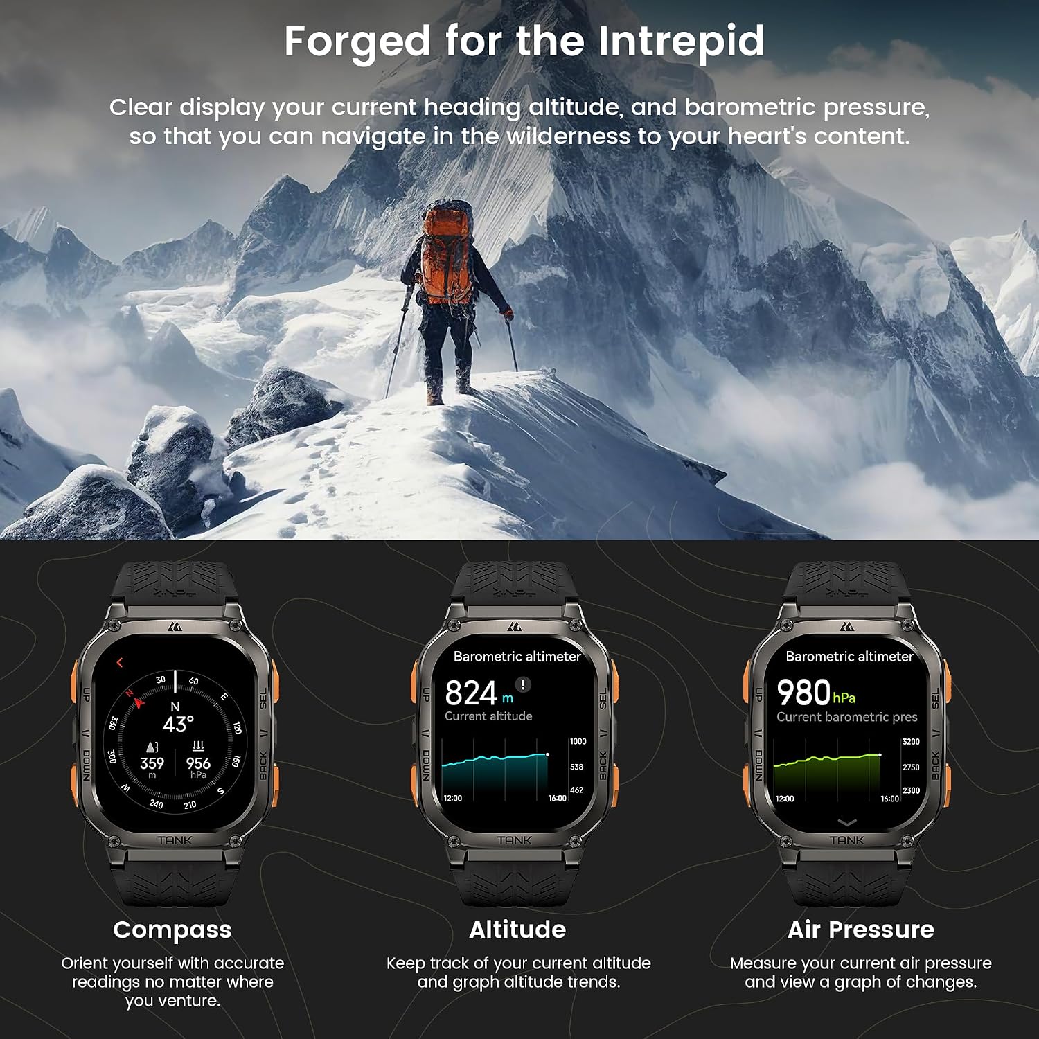KOSPET Tank M3 Ultra Smart Watch with GPS, 50M Waterproof, Compass, Altitude, Air Pressure, 480mAh Extra Large Battery, Full Stainless Steel, Bluetooth Call, AMOLED Always-on Display