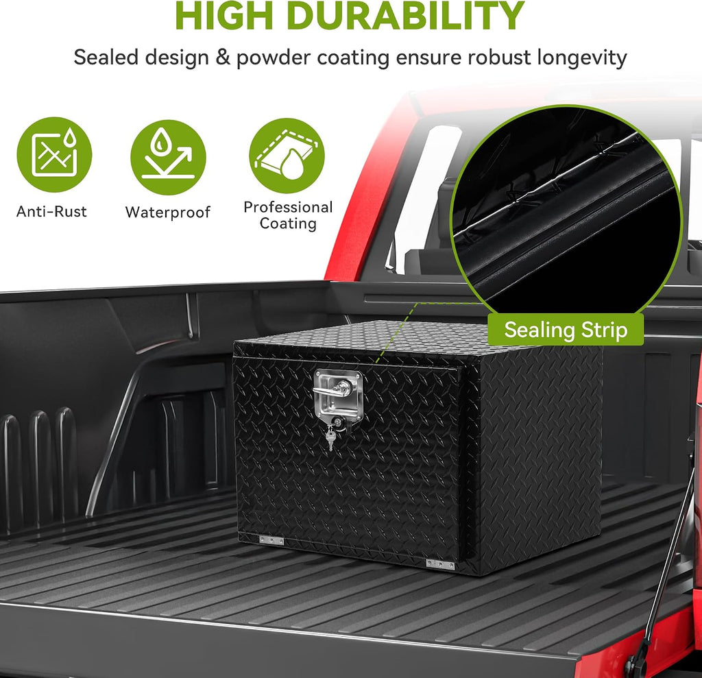 AUTOSAVER88 24 Inch Underbody Tool Boxes, Heavy Duty Aluminum Diamond Plate Toolbox Organizer, Waterproof Chest Storage Box with Lock for Trucks, Trailers, RVs, Warehouses, Black