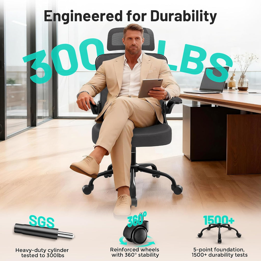 AreShark Office Chair - Ergonomic Desk Chair Breathable Mesh Chair with 2D Headrest & Adjustable Lumbar Support - Executive High Back Rolling Swivel Computer Gaming Chair with Wheels Flip-up Armrests