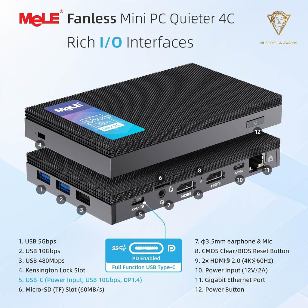 MeLE Quieter4C Fanless N150 Mini PC 8GB LPDDR5 128GB eMMC Win11pro Ultrathin Micro PC 2X HDMI + USB-C 4K Triple Display 2.4G/5GHz WiFi BT5.1 GbE Small Desktop Computer on Office IoT Digital Signage