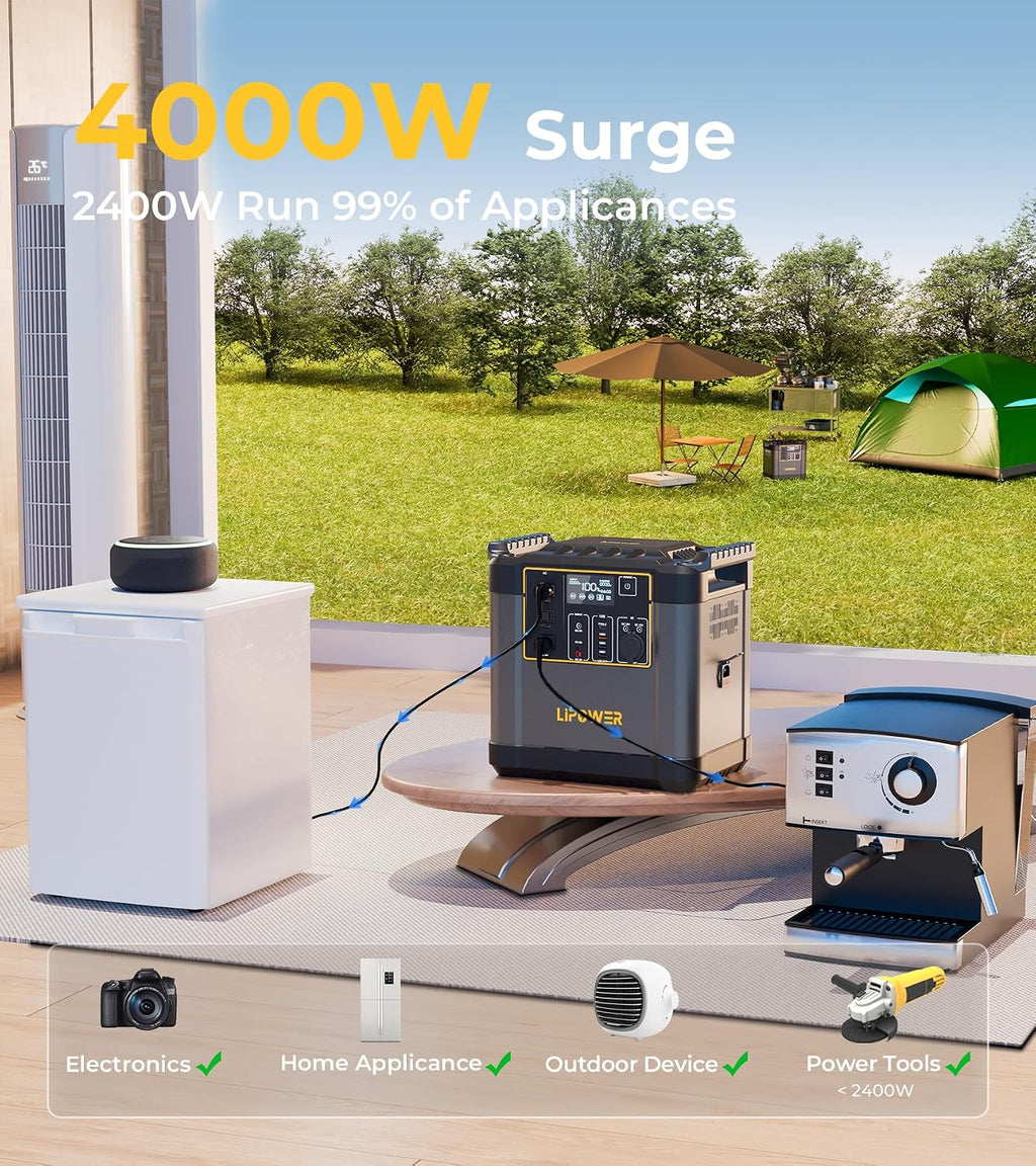 Lipower 2150Wh Power Station with 200W Solar Panel, Solar Generator 2400W/4000W Peak Pure Sine Wave LiFePO4 Battery, IP68 Waterproof ETFE Portable Solar Panel for Home Emergency Backup Camping