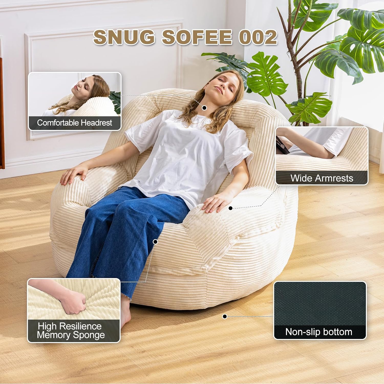 Giant Bean Bag Chair with Armrests - Oversized Cozy Seating for Adults, Corduroy Fabric & High-Resilience Foam Filling, Ideal Lounge for Living Room, Bedroom & Gaming Room (White)