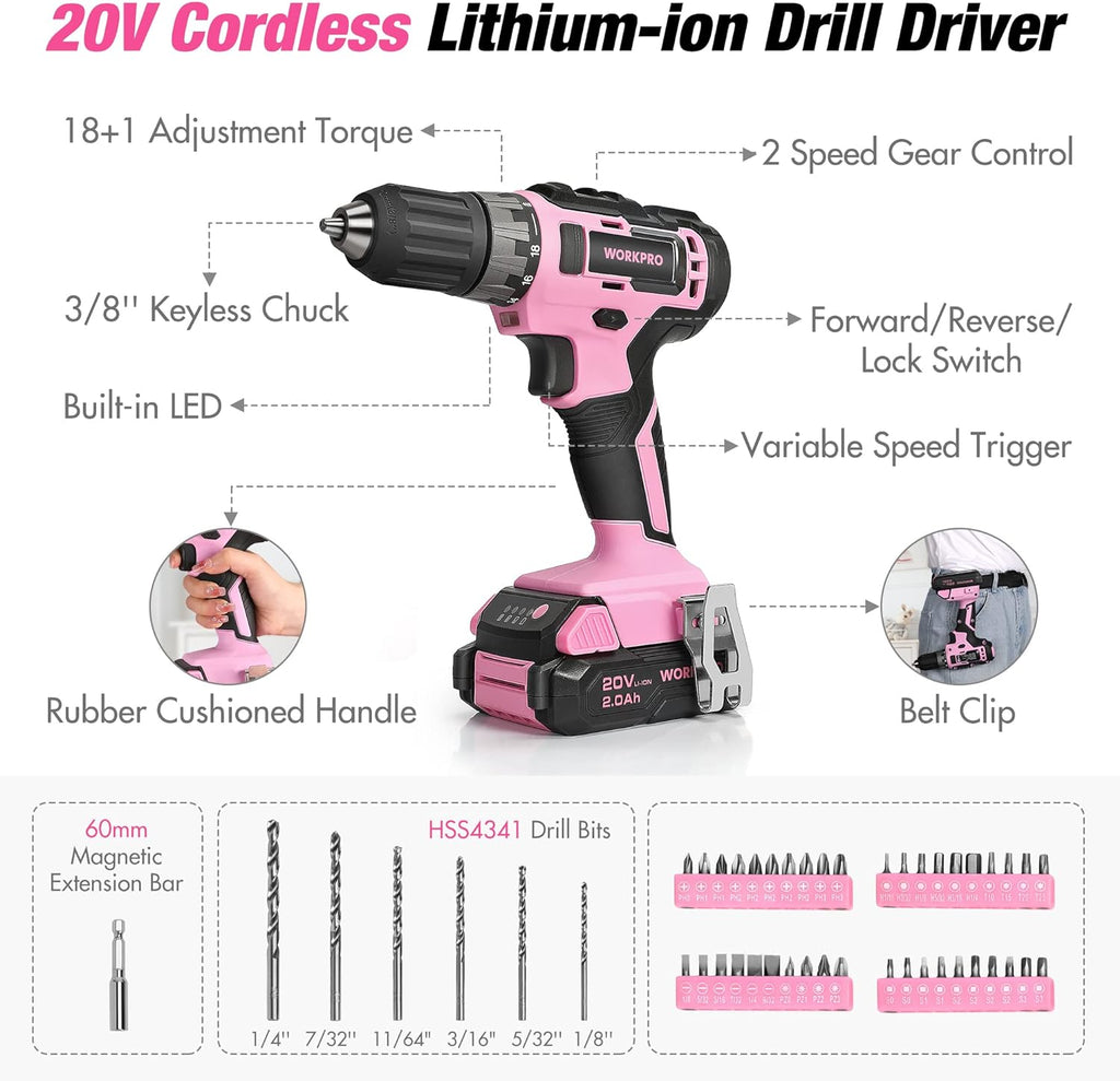 WORKPRO Pink Tool Kit with Drill, Tool Set with 20V Cordless Lithium-ion Drill Driver, Pink Drill Set for Women, 157PCS Home Tool Kit, Lady's Repairing Kit with 14-Inch Storage Bag - Pink Ribbon