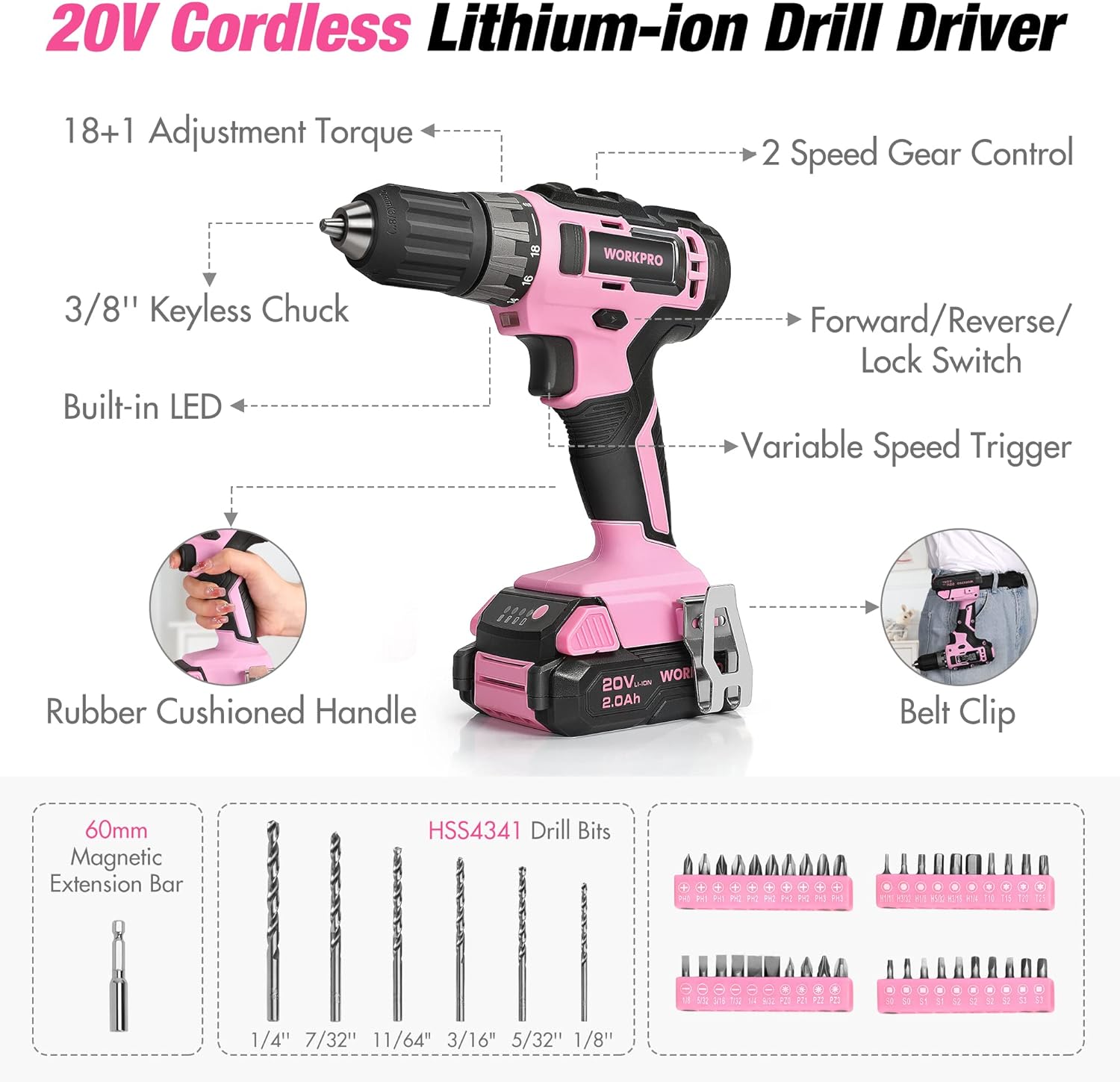 WORKPRO Pink Tool Kit with Drill, Tool Set with 20V Cordless Lithium-ion Drill Driver, Pink Drill Set for Women, 157PCS Home Tool Kit, Lady's Repairing Kit with 14-Inch Storage Bag - Pink Ribbon