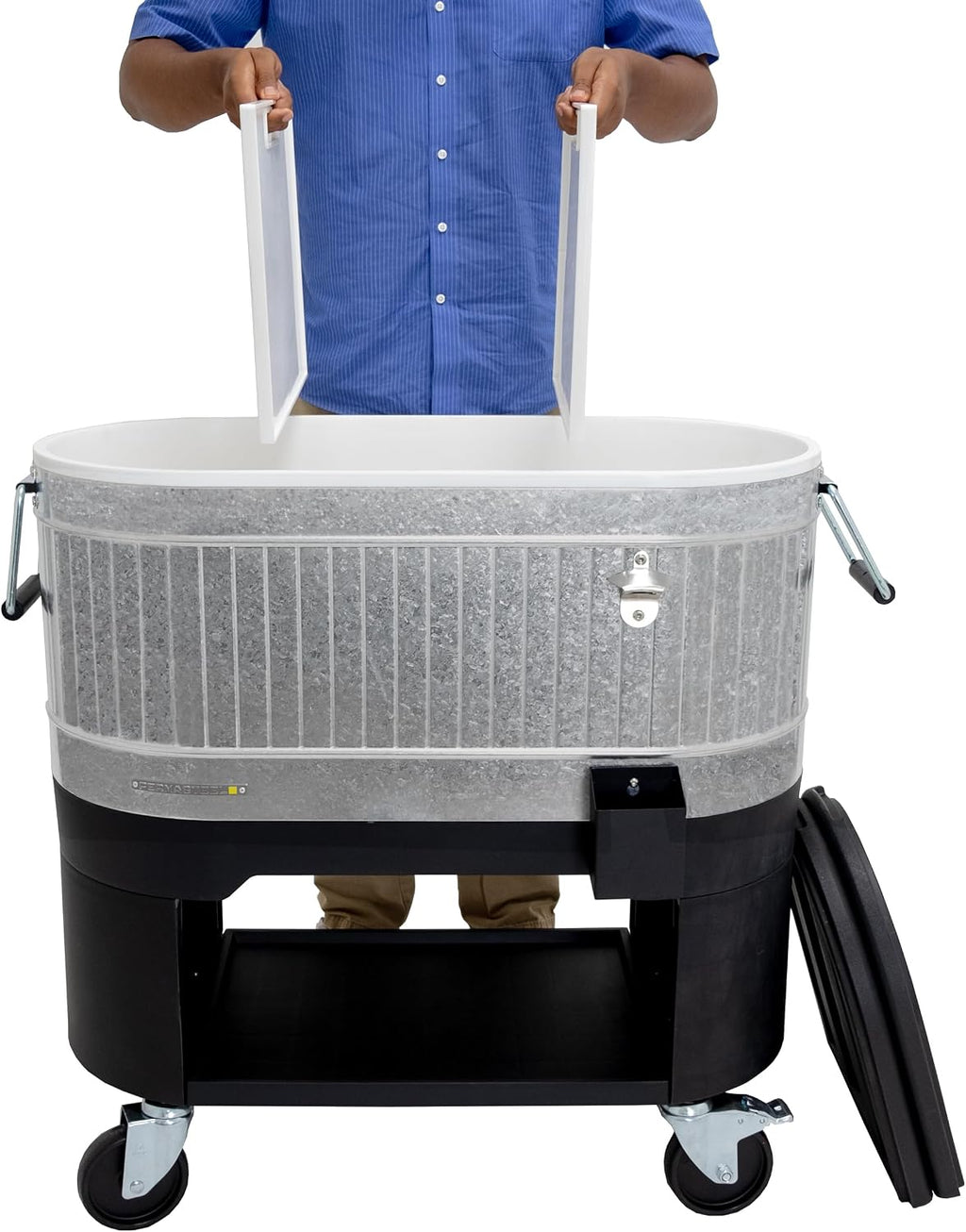 Permasteel Rolling Patio Cooler – Large Outdoor Ice Chest with Wheels, Beverage Cooler for Backyard, BBQ, Tailgate, Beach, Parties, Rustic Farmhouse Design