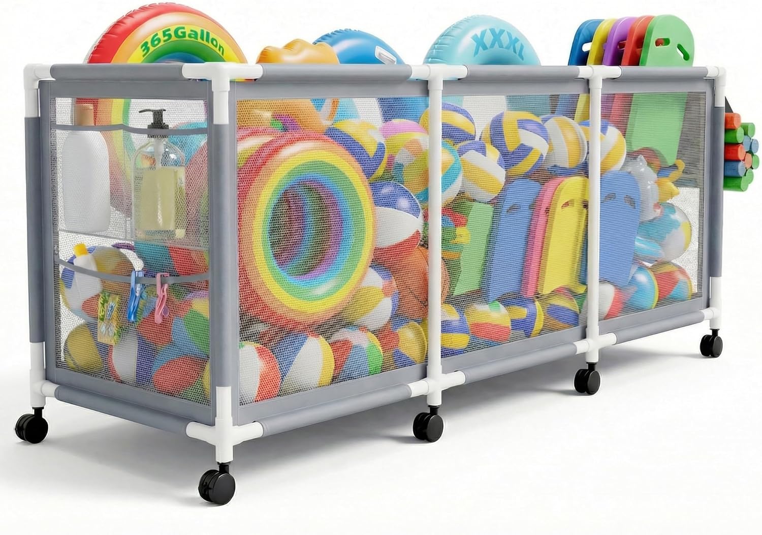 Jotesnew 365 Gallon 103' L Extra Large Swimming Pool Storage Bin, Pool Noodles Holder, Toys, Floats, Balls and Floats Equipment Mesh Rolling Storage Organizer Bin, 103' Lx32 Wx35 H (Gray)