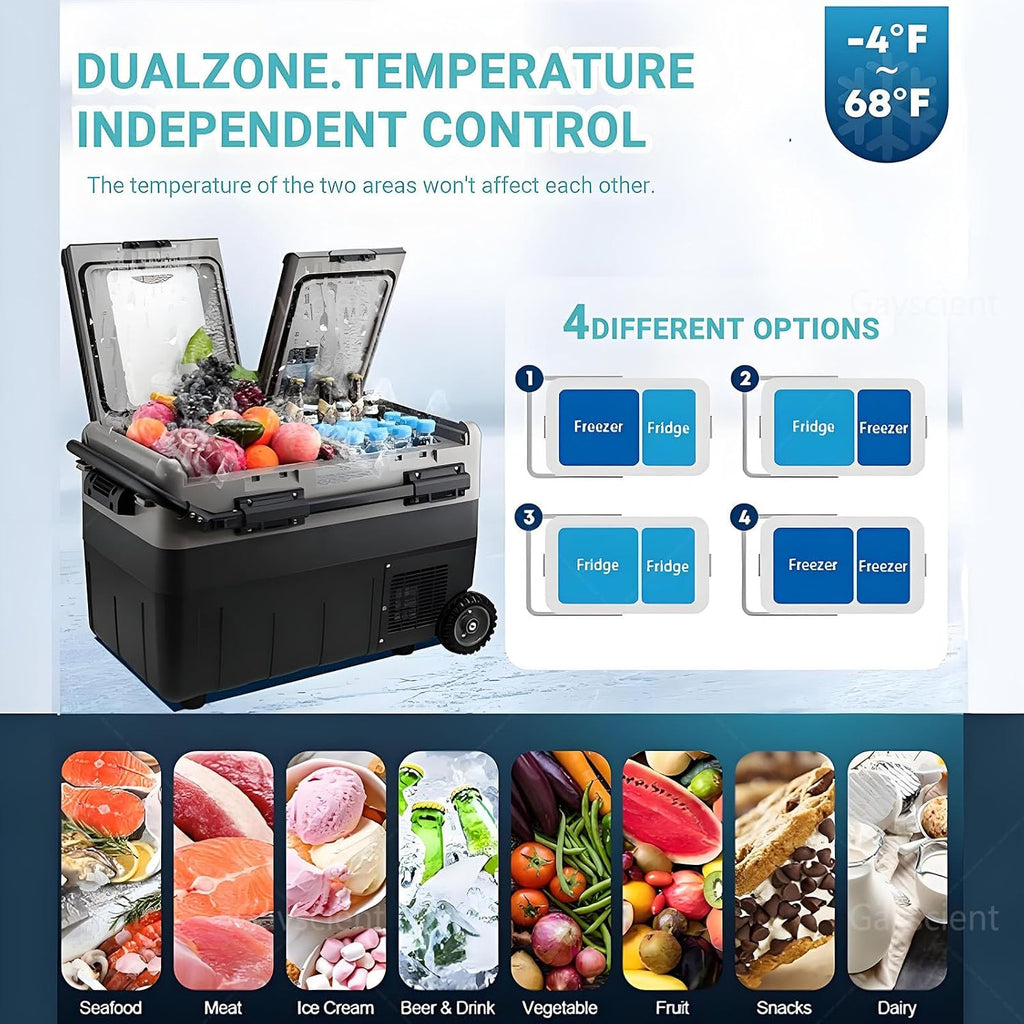 Dual Zone Car Fridge Freezer, -4℉-68℉ Electric Cooler with Dual Temp Control, 12/24V DC, Durable Wheels for Camping, Road Trips, RV & Home | Portable Refrigerator,Withbattery-40L