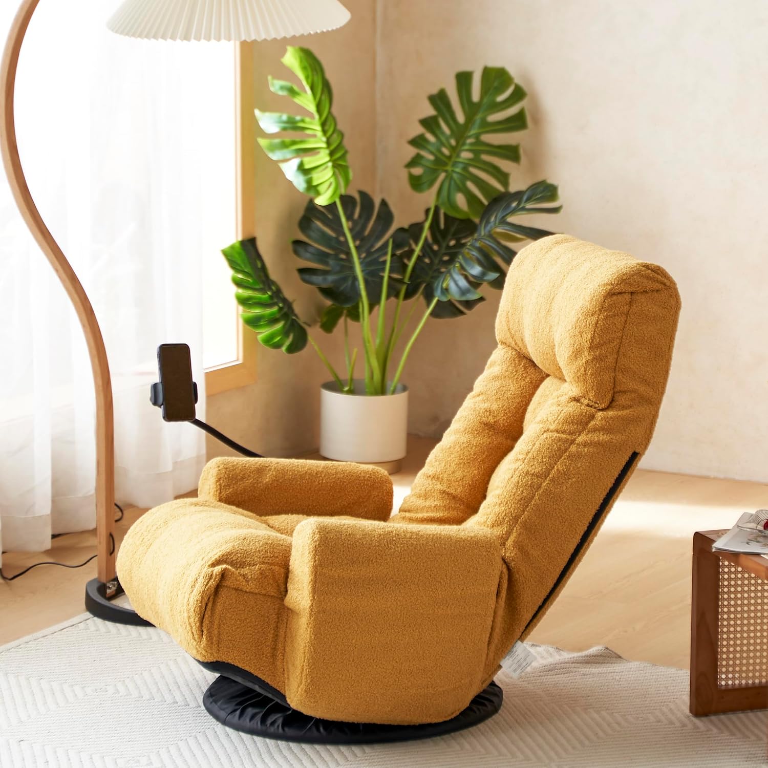 Yoglad Japanese Style Chaise Lounge Sofa with Phone Holder, 360-Degree Swivel Chair Floor Gaming Chair Lazy Sofa for Reading Game Meditating, 3 Adjustable Positions (Teddy Yellow)