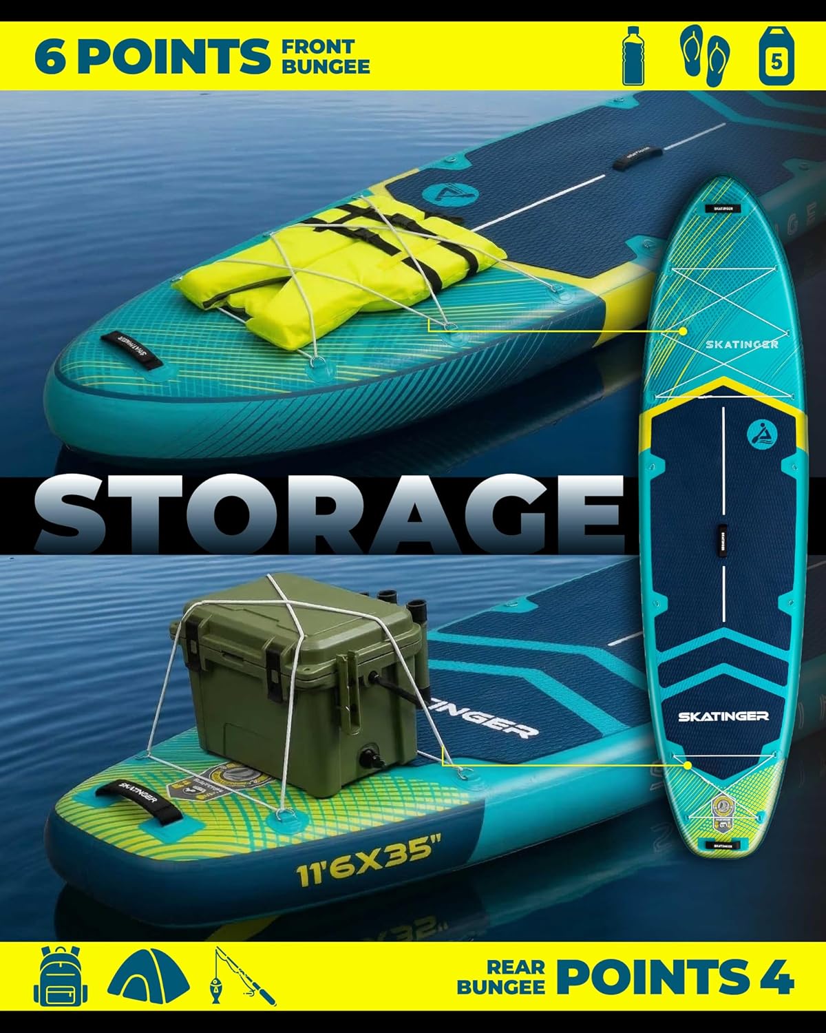 Skatinger 11'6×35' Super Wide Inflatable Paddle Board, Ultra Stable Stand Up Paddleboards for 450lb/3 People/Family/Big Size w/Shoulder Strap, 100L Backpack, Ultra-Light All-Round Sup Board