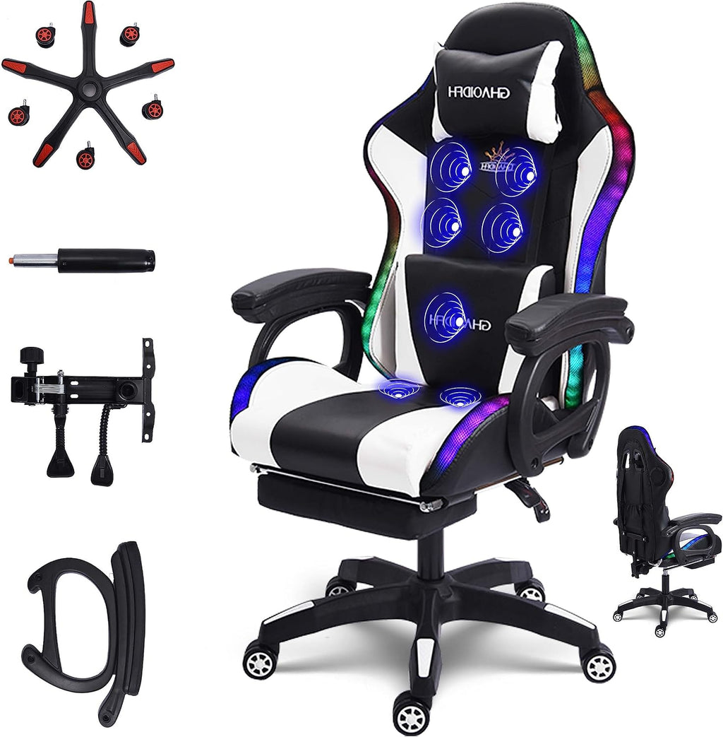 Gaming Chairs with Speakers and LED Light,Ergonomic Pro Gaming Chair with Full Massage Lumbar Support,Racing Chair for Adults Teens Gamer.,White