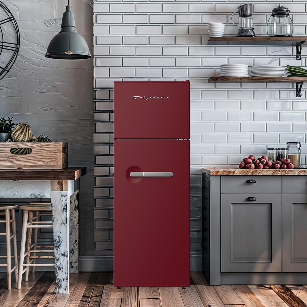 Frigidaire Retro Apartment Size Refrigerator with Top Freezer - 2 Door Fridge with 7.5 Cu Ft of Storage Capacity, Adjustable Spill-Proof Shelves, Door & Crisper Bins, Merlot
