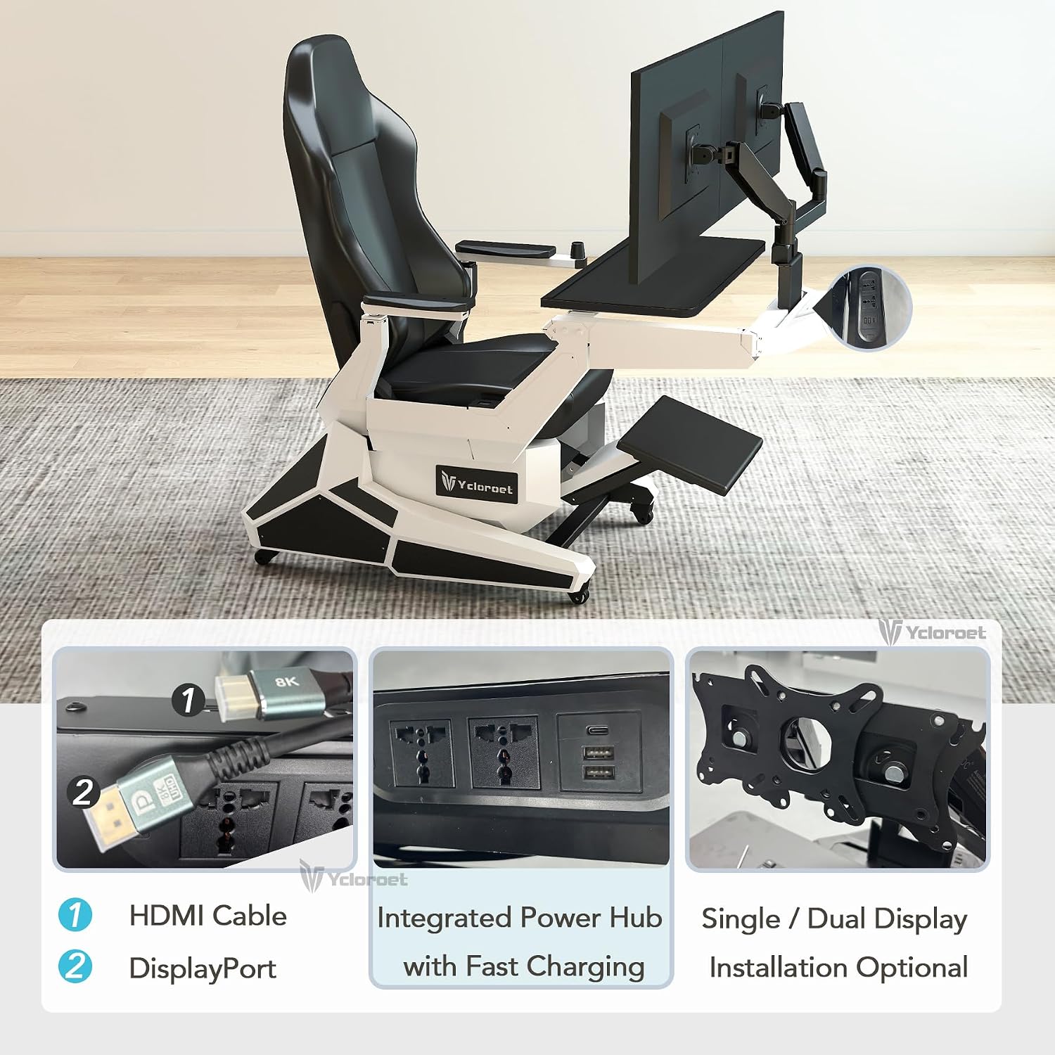 White Zero Gravity Scorpion Gaming Chair Cockpit with Dual Monitor Arm, 165° Reclining 441LB Load Ergonomic Office Chair, Space-Saving Mobile Workstation for PC, PS5, Xbox