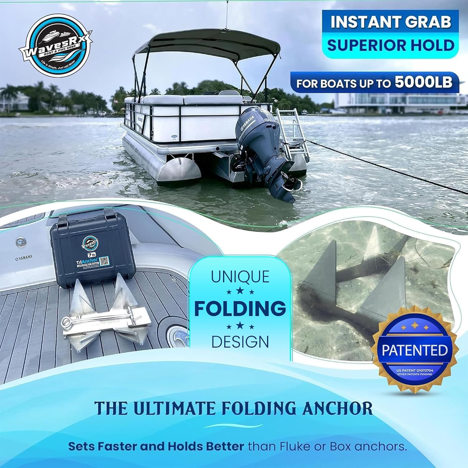 WAVESRX TriAnchor - Stainless Steel Folding PWC & Boat Anchor | Sets Instantly for Effortless Boat & Jet Ski Anchoring | Compact Patent-Pending Design Grips Better Than Plow, Fluke or Box Anchor