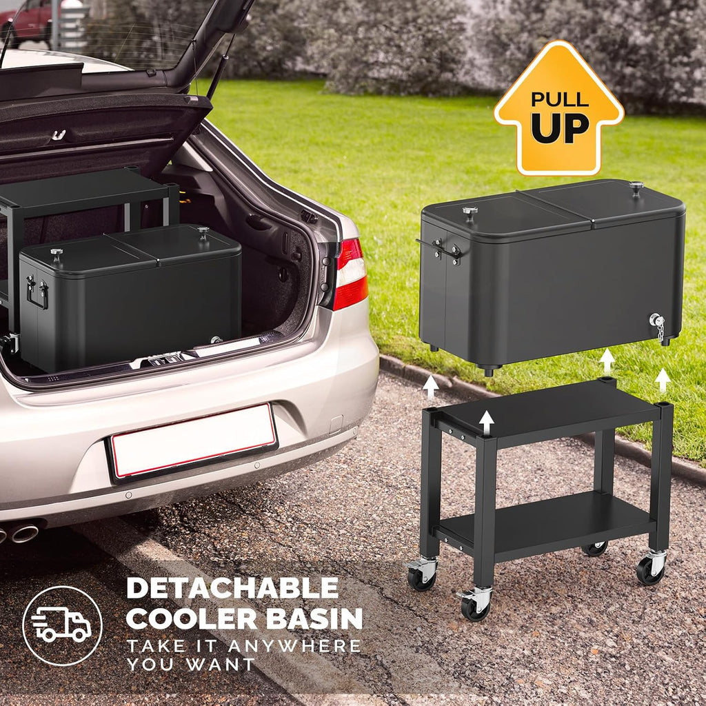 VINGLI Patio Cooler, Rolling Ice Chest on Wheels, Portable Patio Party Bar Drink Cooler Cart, with Shelf, Beverage Pool with Bottle Opener,Water Pipe