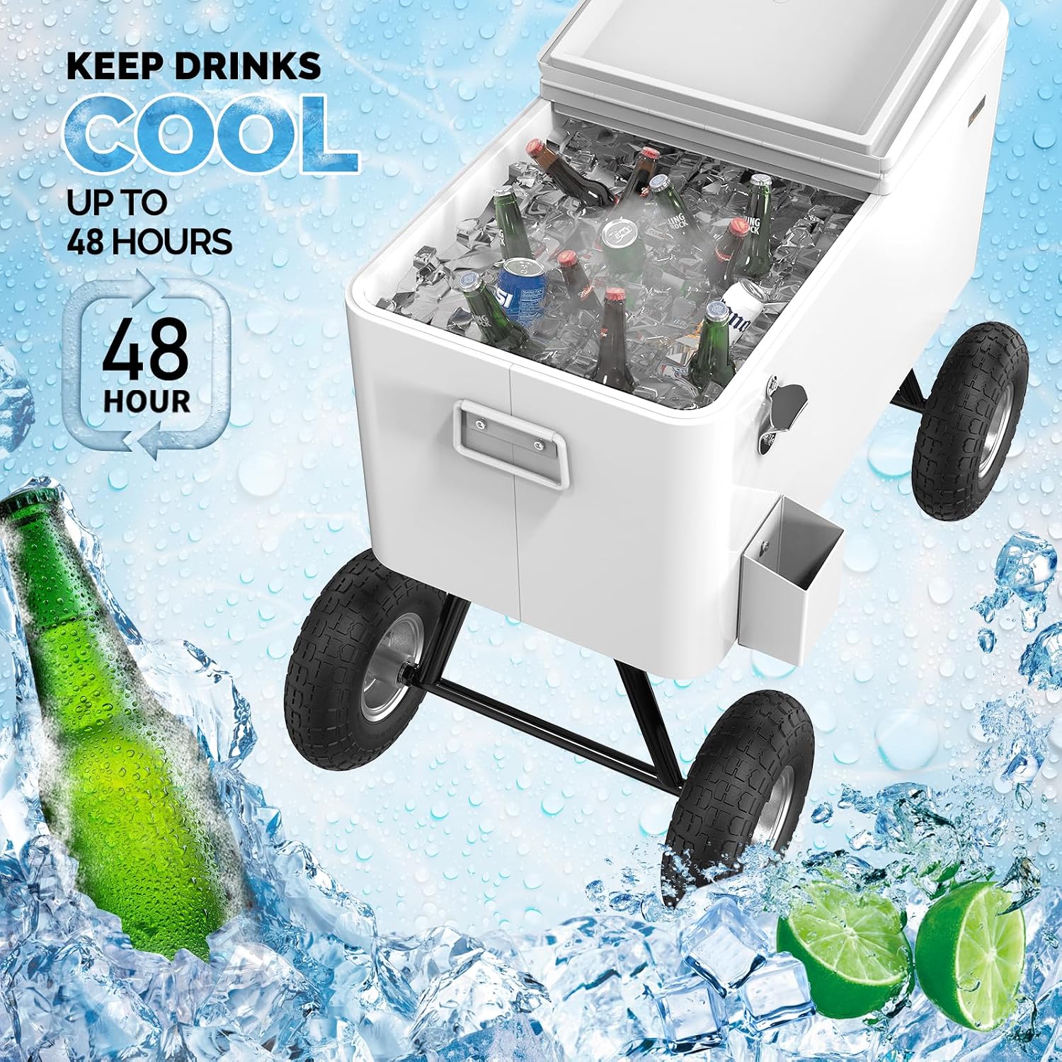 VINGLI 80 Quart Wagon Rolling Cooler Ice Chest, w/Long Handle and 10' Wheels, Portable Beach Patio Party Bar Cold Drink Beverage, Outdoor Park Cart on Wheels
