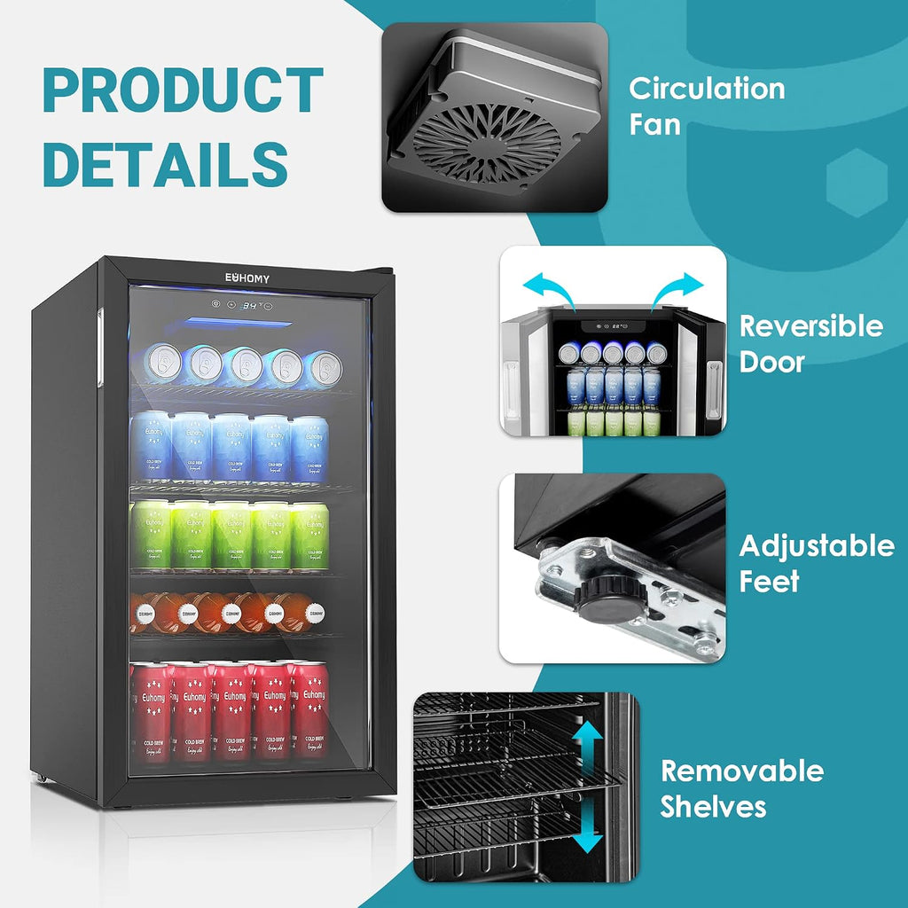 EUHOMY Beverage Refrigerator Cooler, 125 Can Mini Fridge with Glass Door for Soda Beer or Wine, Beverage Cooler for Home, Office, Bar with Adjustable Removable Shelves, Black