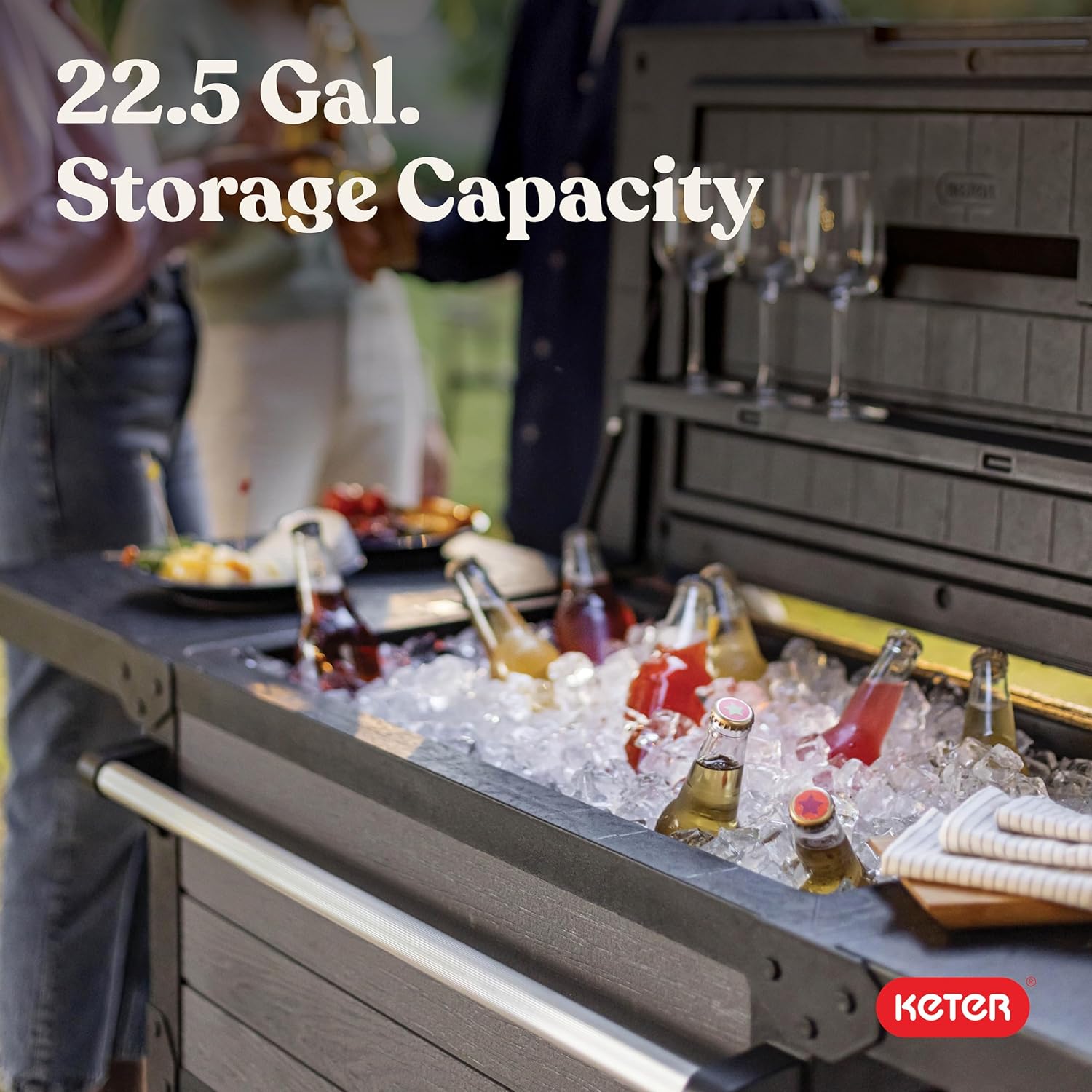 Keter 89.8 Qt Portable Outdoor Patio Cooling Chest, Ice Chest Beverage Party Bar Cart Table with Swivel Wheels, Shelves, and Bottle Opener, Graphite