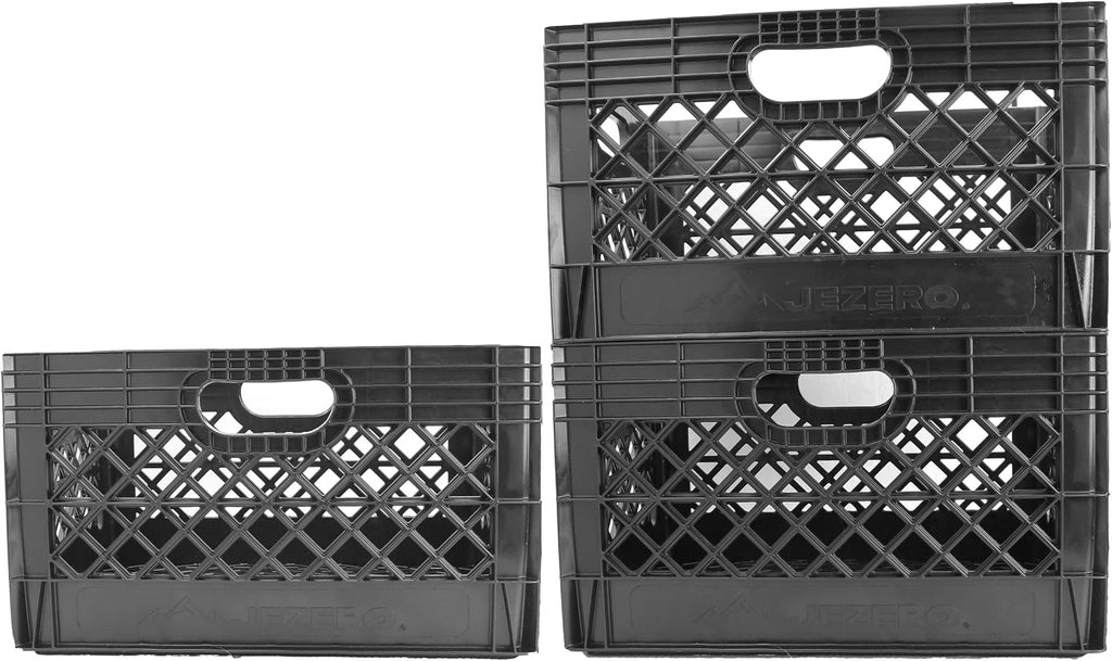 JEZERO 24 Quart 3-Pack Heavy Duty Plastic Crate | Stackable Multi-Purpose Storage Bin for Garage, Home, Office, Groceries, Outdoor, Camping & Kayaking | Black Utility Tote, 19' x 13' x 11'